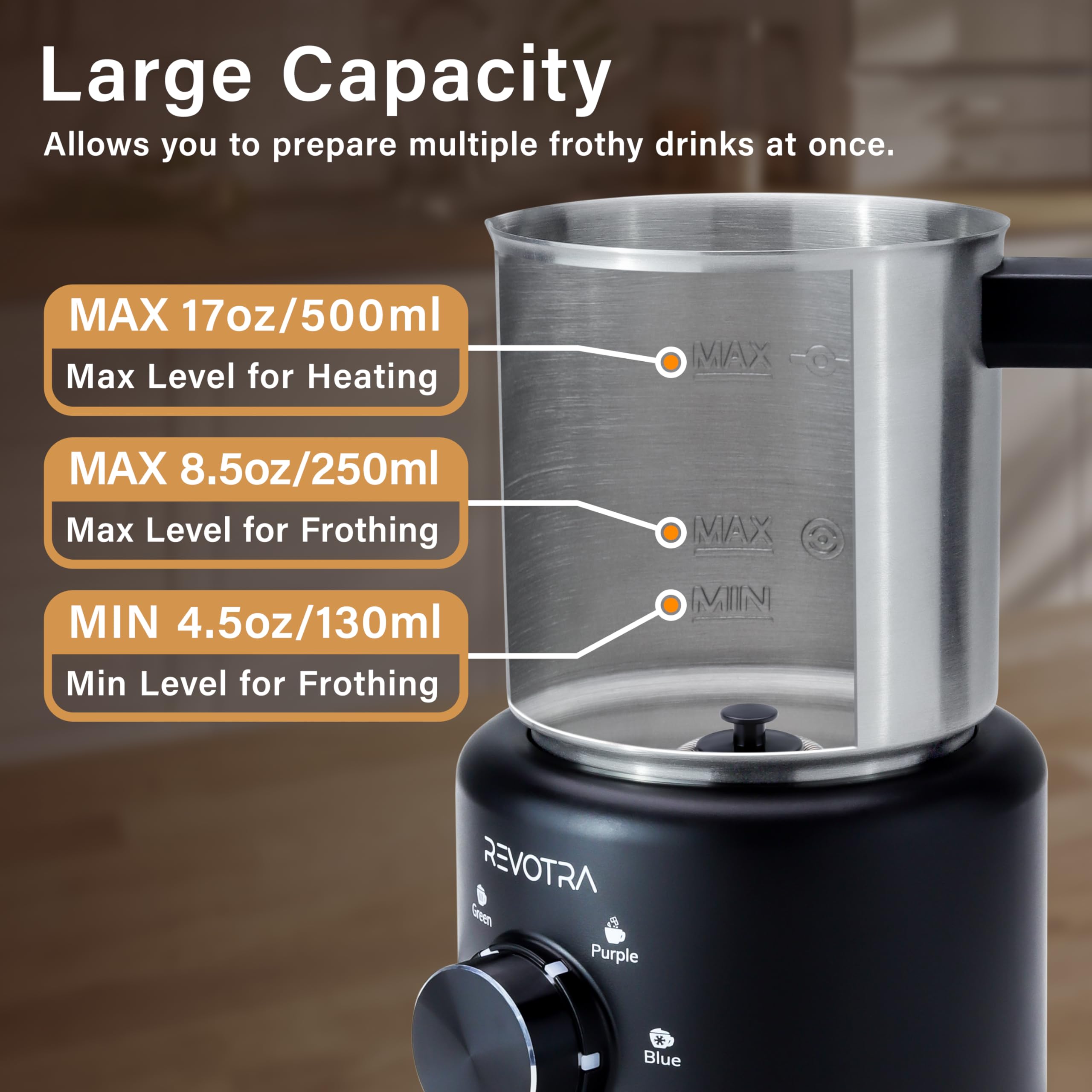 REVOTRA Mousseur à Lait Électrique 4-en-1, Chauffe-Lait et Mousse Chaude/Froide Automatique, 500ml, 600W, Acier Inoxydable, Compatible Lave-Vaisselle, pour Latte, Chocolat Chaud/Lait