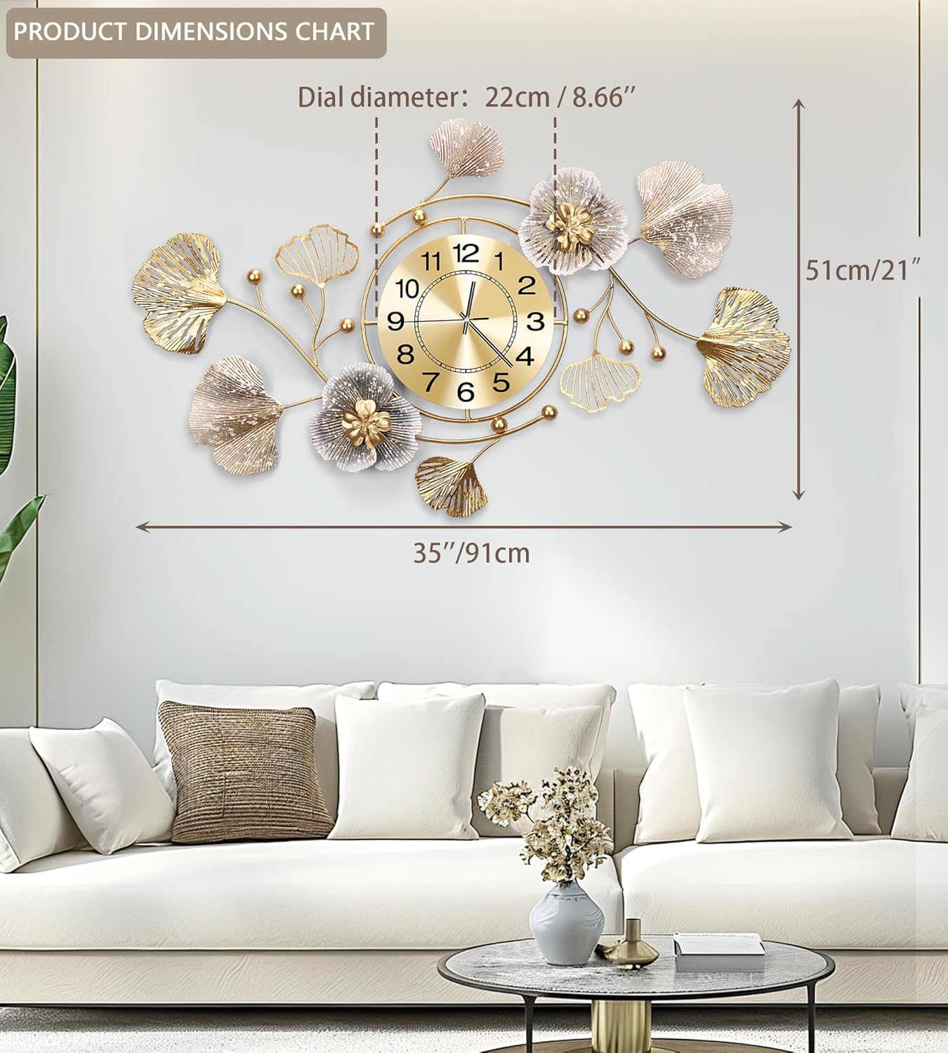 Clocks for Living Room, Large Wall Clock, 3D Silent Wall Clock, Retro Metal Ginkgo Leaf Design, for Bedroom Kitchen Decorative Wall Clocks（35''x20'' ）