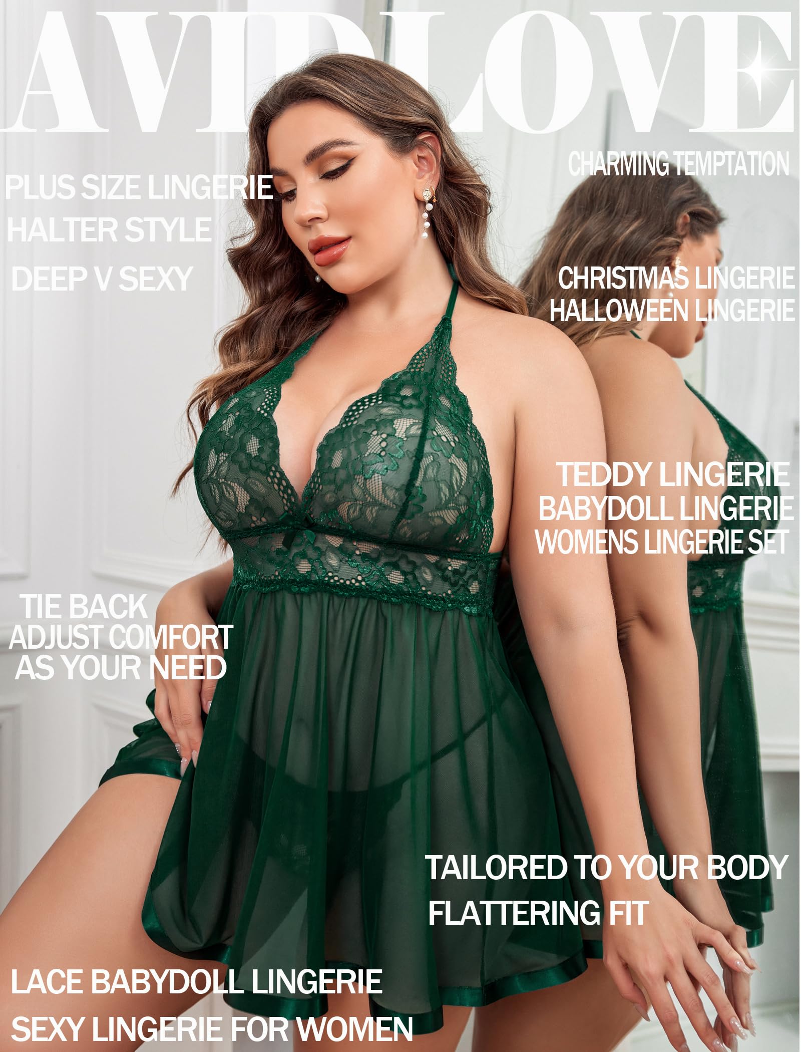 Avidlove Women Plus Size Babydoll Lingerie Lace Chemise Mesh Sleepwear: Lake Green 3X-Large