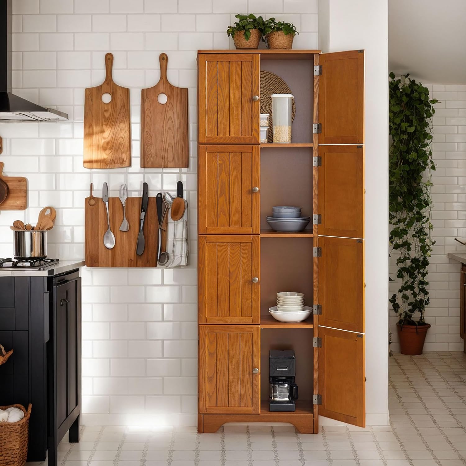 72" Tall Narrow Storage Cabinet with Doors and Shelves, Farmhouse Coffee Bar Wood Kitchen Pantry with 8 Doors, Freestanding Large Utility Cabinet for Living Room, Kitchen, Oak