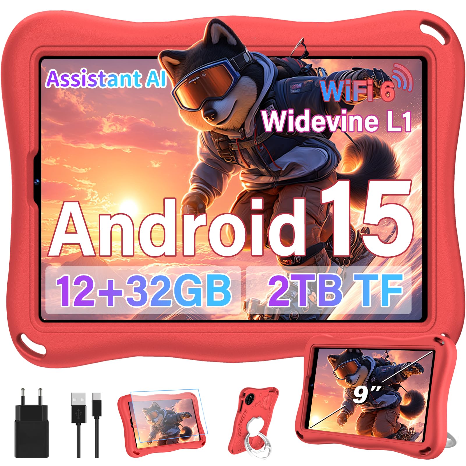 Kinder Tablet 9 Zoll, mit 32GB ROM + 2TB TF Android15 Face ID Eva Case Rot | Tablet mit 1340×800 Display,Gemini AI,8MP+5MP,5000mAh,BT5.0,Widevine L1,Kindersicherer Modus,Tablet stoßfeste EVA-Hülle Rot