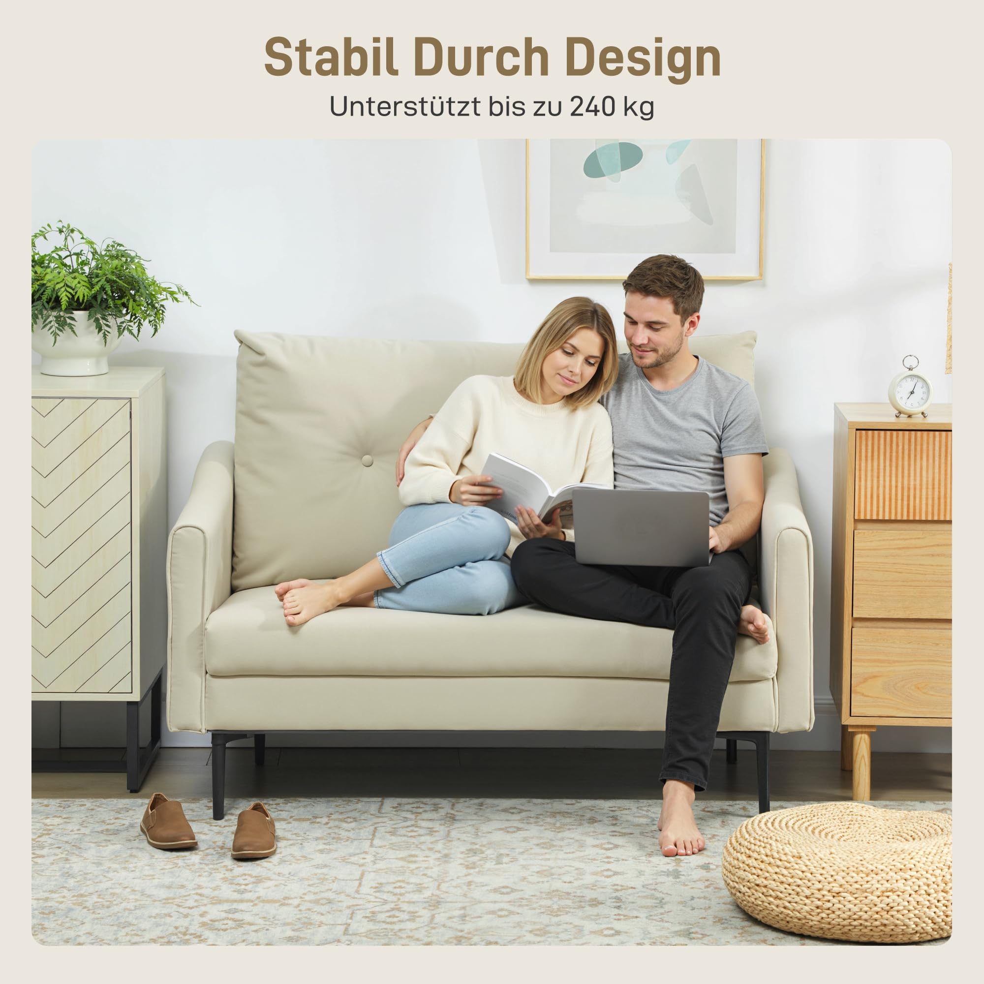 HOMCOM Divano 2 Posti in Velluto con Schienale Cuscino Trapuntato a Bottoni Rimovibile, Divanetto 2 Posti Imbottito Salvaspazio Moderno con Gambe in Metallo per Soggiorno Salotto, 124x73x92 cm, Crema