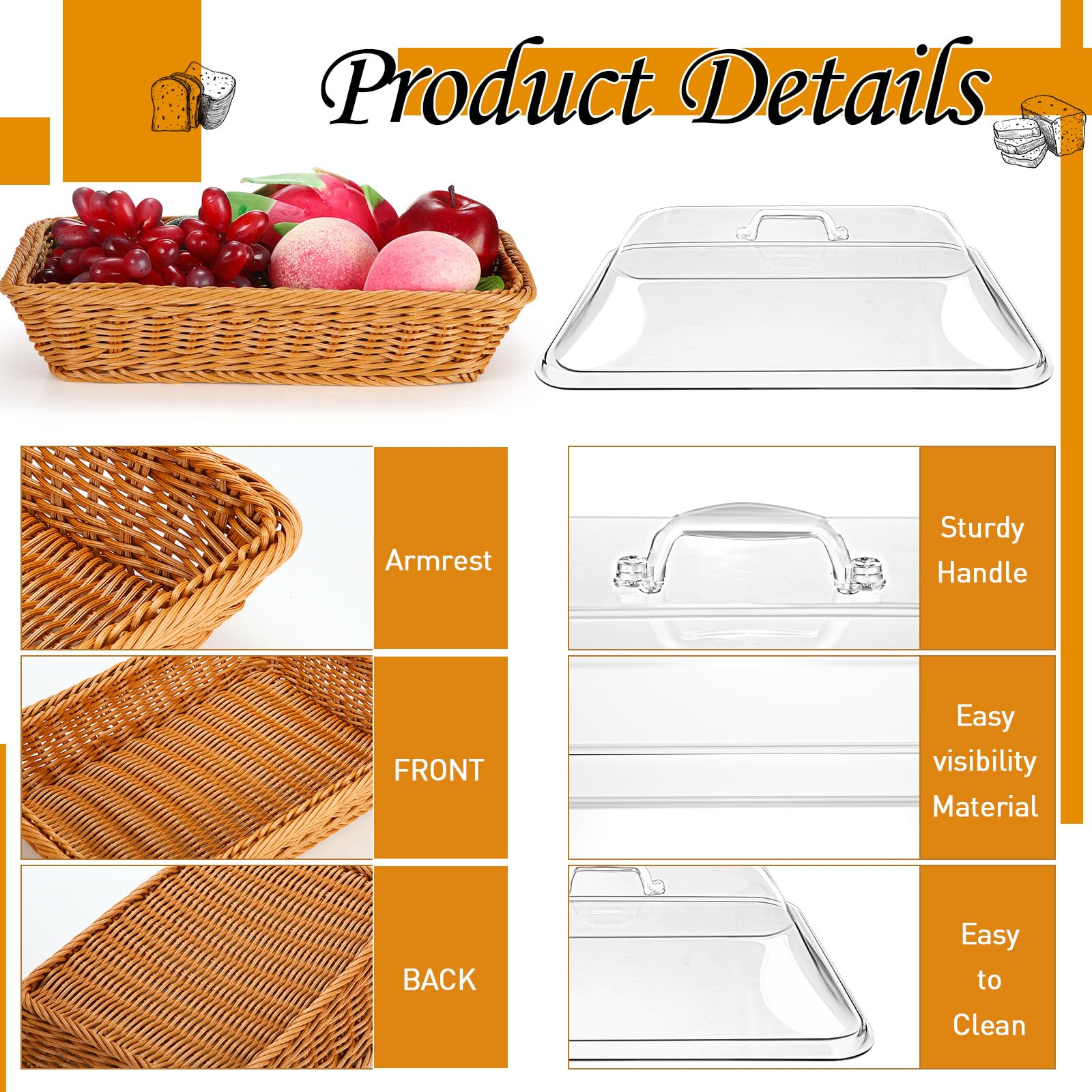 Yungyan Confezione da 3 cestini per il pane in finto rattan, 3 dimensioni, per servire con coperchio in acrilico, cesto di frutta intrecciato con coperchio per alimenti e verdure, da cucina,