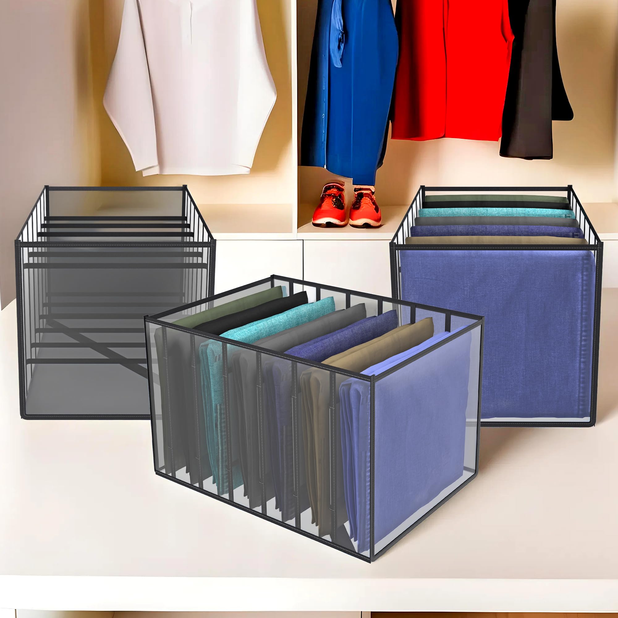 Kuber Industries Stoff-Organizer, Kleiderschrank-Organizer, Aufbewahrungsbox mit 7 Fächern, Aufbewahrungsbox für Jeans, Hosen, Hemden, faltbar, PVC, Schubladen-Organizer, transparent, 40 mm, 3 Stück