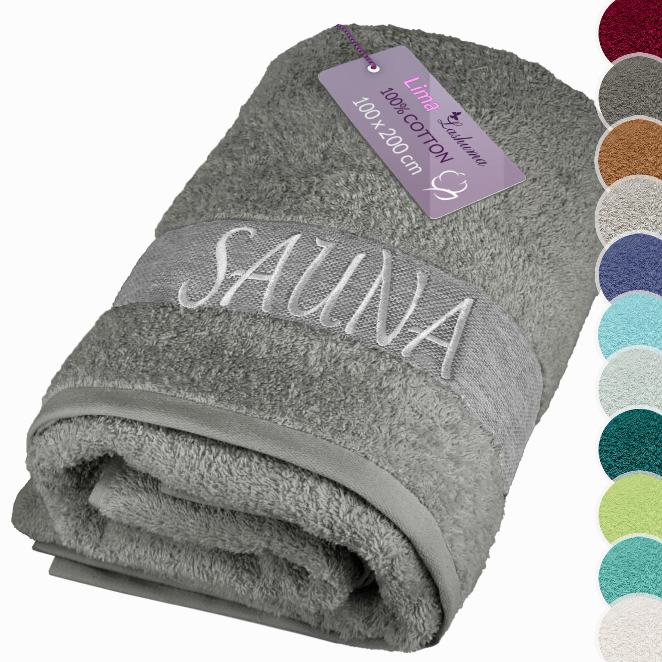 Lashuma Saunahandtuch 100x200 cm, Frottee XXL Badetuch in Dunkel Grau | 500 gsm Frottee aus 100% Baumwolle, als Saunatuch, Badehandtuch, Duschtuch und Liegetuch für Sauna und Bad