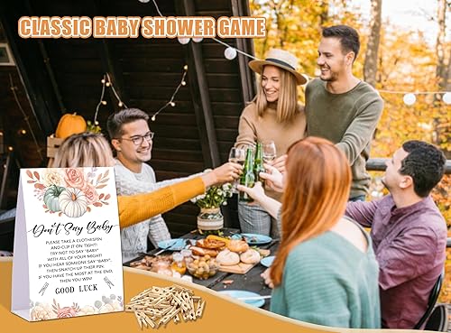 Miniatura 5 de Juego de pinzas para ropa de bebé, juego de calabaza para baby shower, un letrero de 5 x 7 pulgadas y 50 mini pinzas naturales para la ropa, género