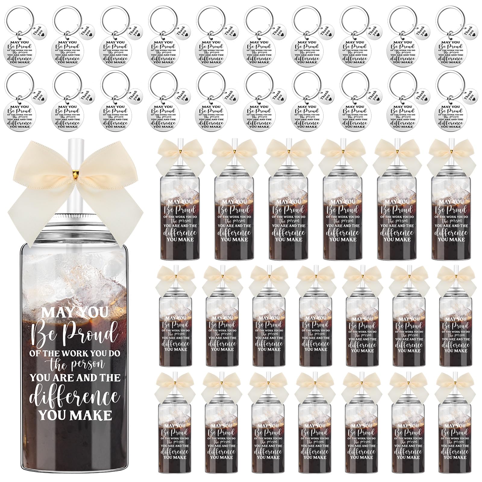 Skylety 20 Set Employee Appreciation Gifts Bulk with Cream Bow 20 13.5 oz May You Be Proud Skinny Plastic Cup with Lid Straw 20 Inspirational Keychain