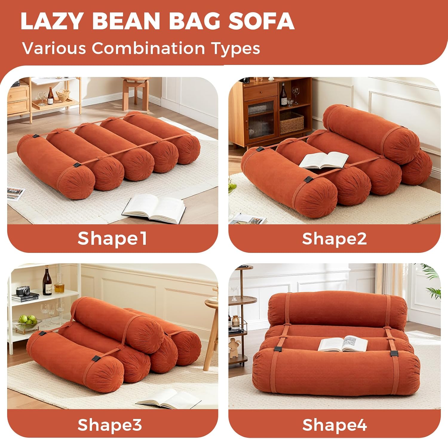 Bean Bag Chair,Corduroy Fabric with Adjustable Strapsns,Versatile Comfy Chair Lazy Bean Bag Couch Lounge Sofa,Suitable for Bedrooms,Living Rooms,Game Room,Offices (Orange)