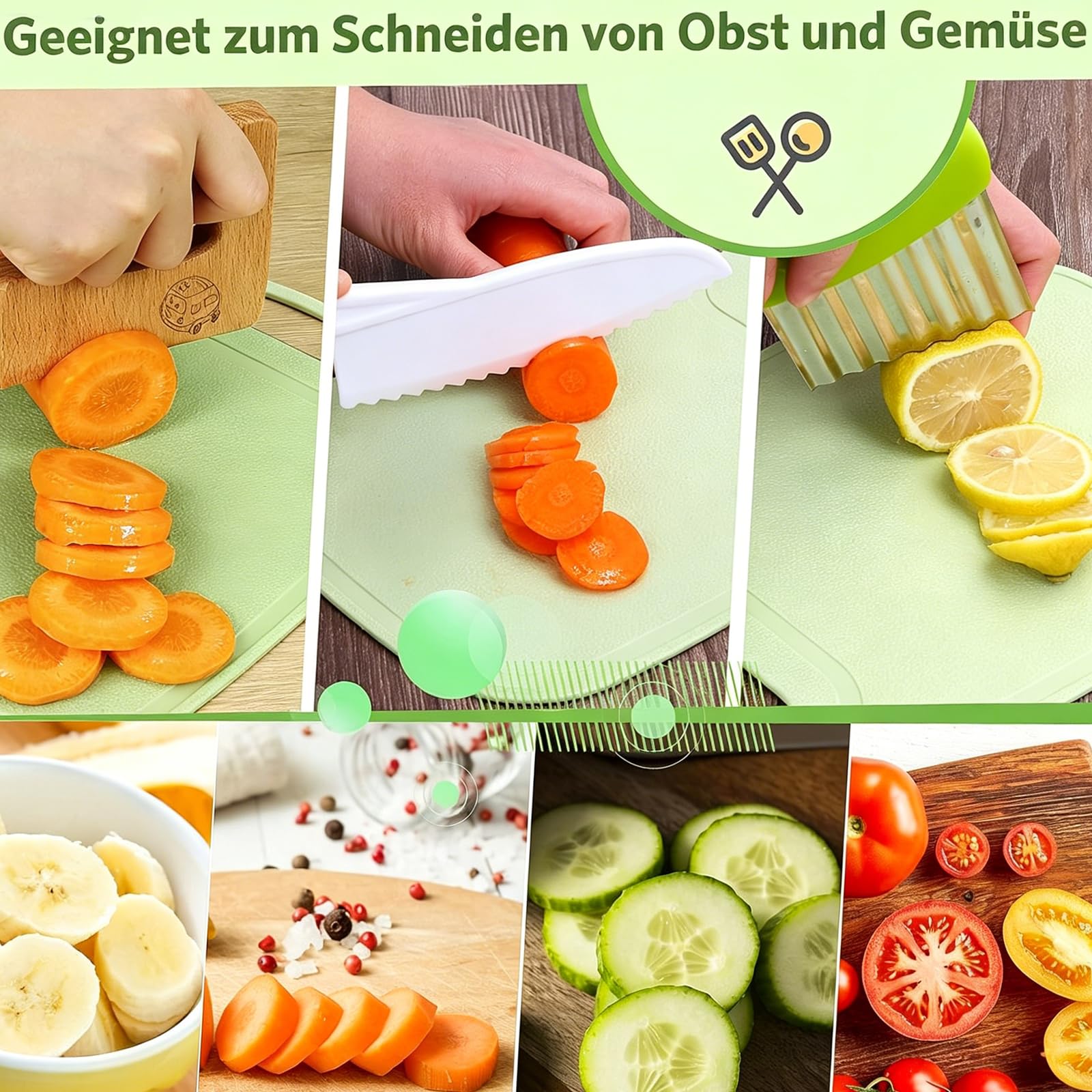 Goodchef Set di coltelli da cucina per bambini, 8 pezzi, per tagliare e cucinare frutta o verdura per bambini, con coltello in legno