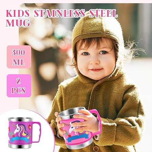 Miniatura 5 de Tioncy 2 tazas de acero inoxidable 3D de unicornio 3D de 10 onzas con aislamiento morado con asas, tazas de viaje para niñas, niños, mujeres y