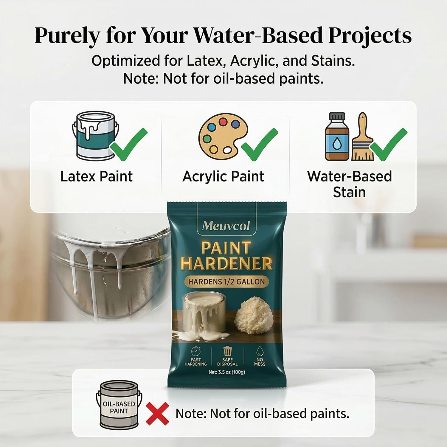 Meuvcol Paint Hardener for Disposal, 12 Pack (3.5 oz Each), 15 Minute Paint Solidifier Powder for Water-Based Latex & Acrylic Paint, Treats 6 to 8 Gallons, Easy Waste Paint Cleanup