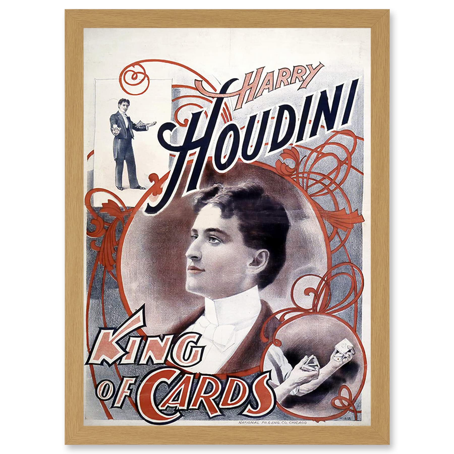 Artery8 Harry Houdini The Magician King Of Cards Escapologist A4 Framed Wall Art Print - Light Oak Frame
