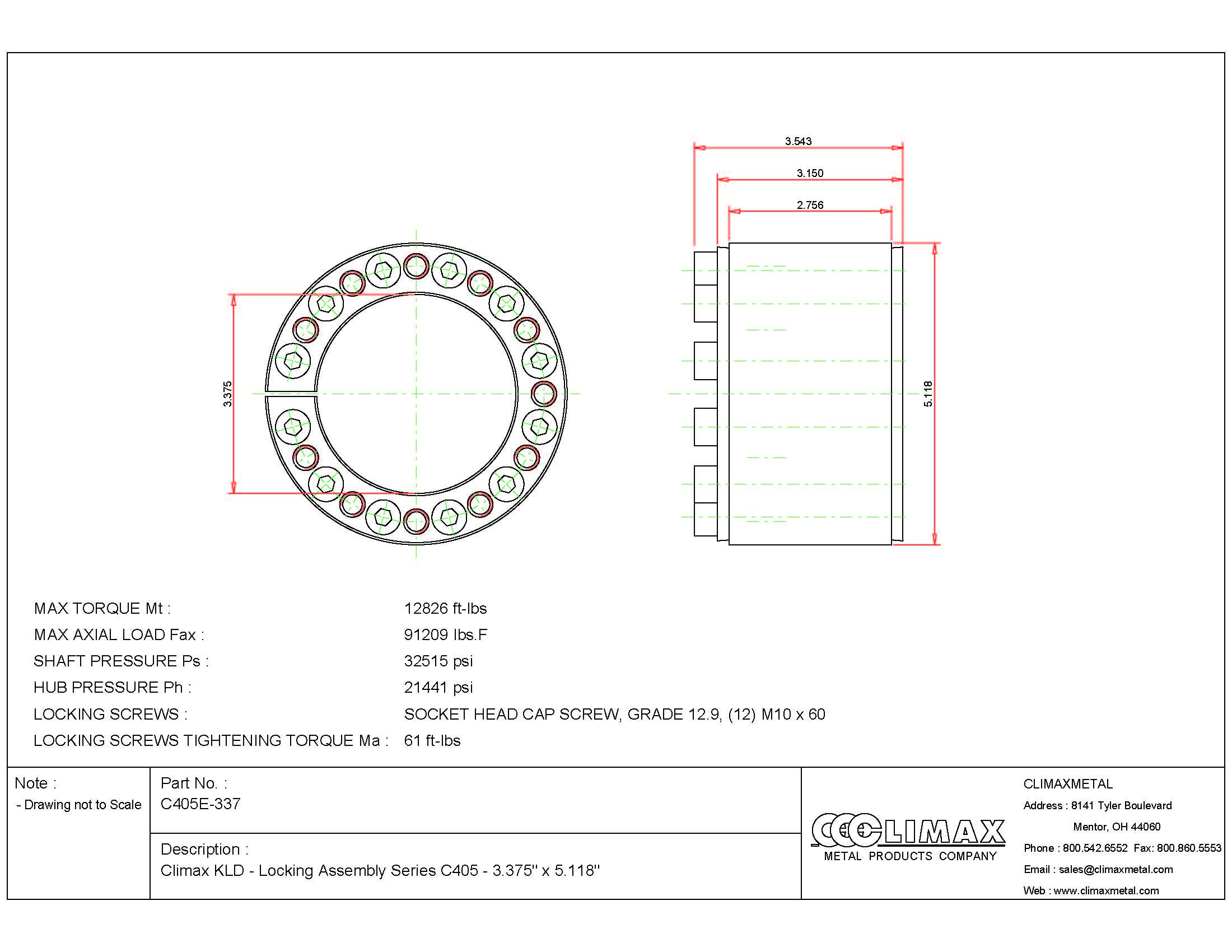 Climax Metals C405E-337 Series 405 Locking Assembly, Steel, 3.38