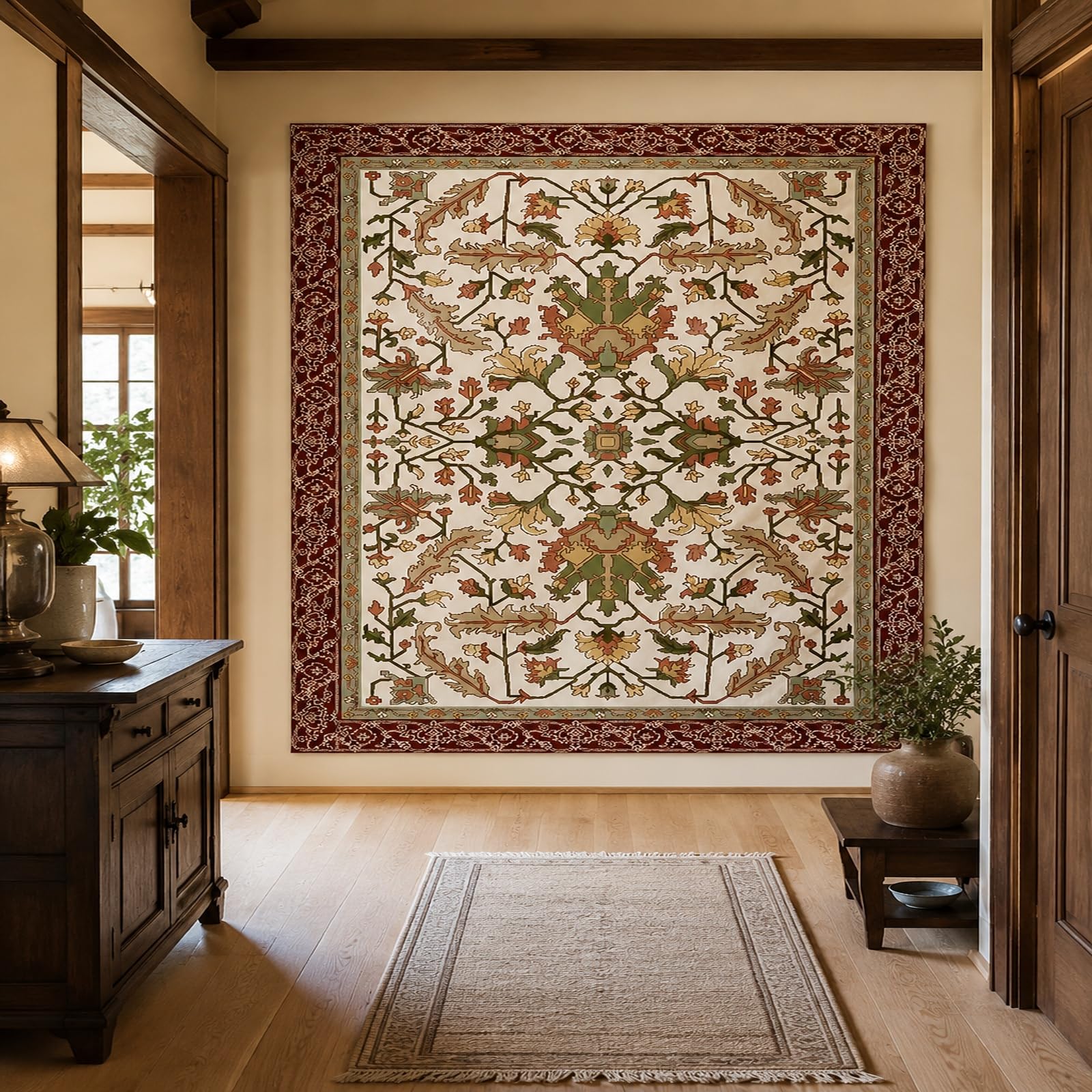 Gobeliny bardzo duże 180 x 230 cm, niestandardowy obraz logo tekst spersonalizowany gobelin wiszący na ścianie, kwiatowy czerwony, zielony, beżowy, brązowy,
