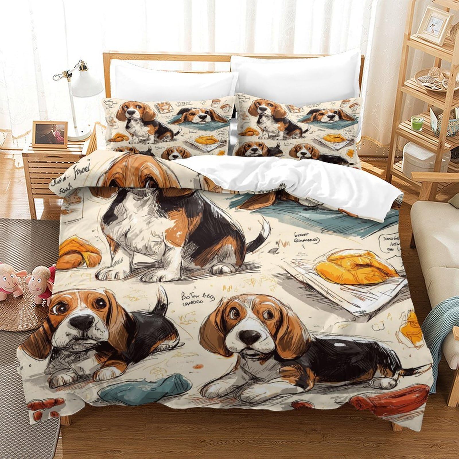 QDZHCPMYK Cute Beagle Dog Duvet Cover Sets 3 PCS Hotel Quality Quilt Cover Bedding Bed Covers with Pillowcases with Zipper Closure Breathable Stylish Comforter Double（200x200cm）
