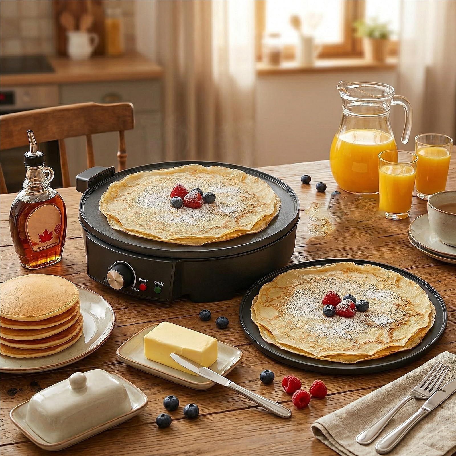 Crepera Electrica 2 en 1 con Placas Intercambiables 1200W Antiadherente Control de Temperatura Ajustable para Tortitas Blintzes y Tortillas Maquina de Desayuno Profesional para Hogar