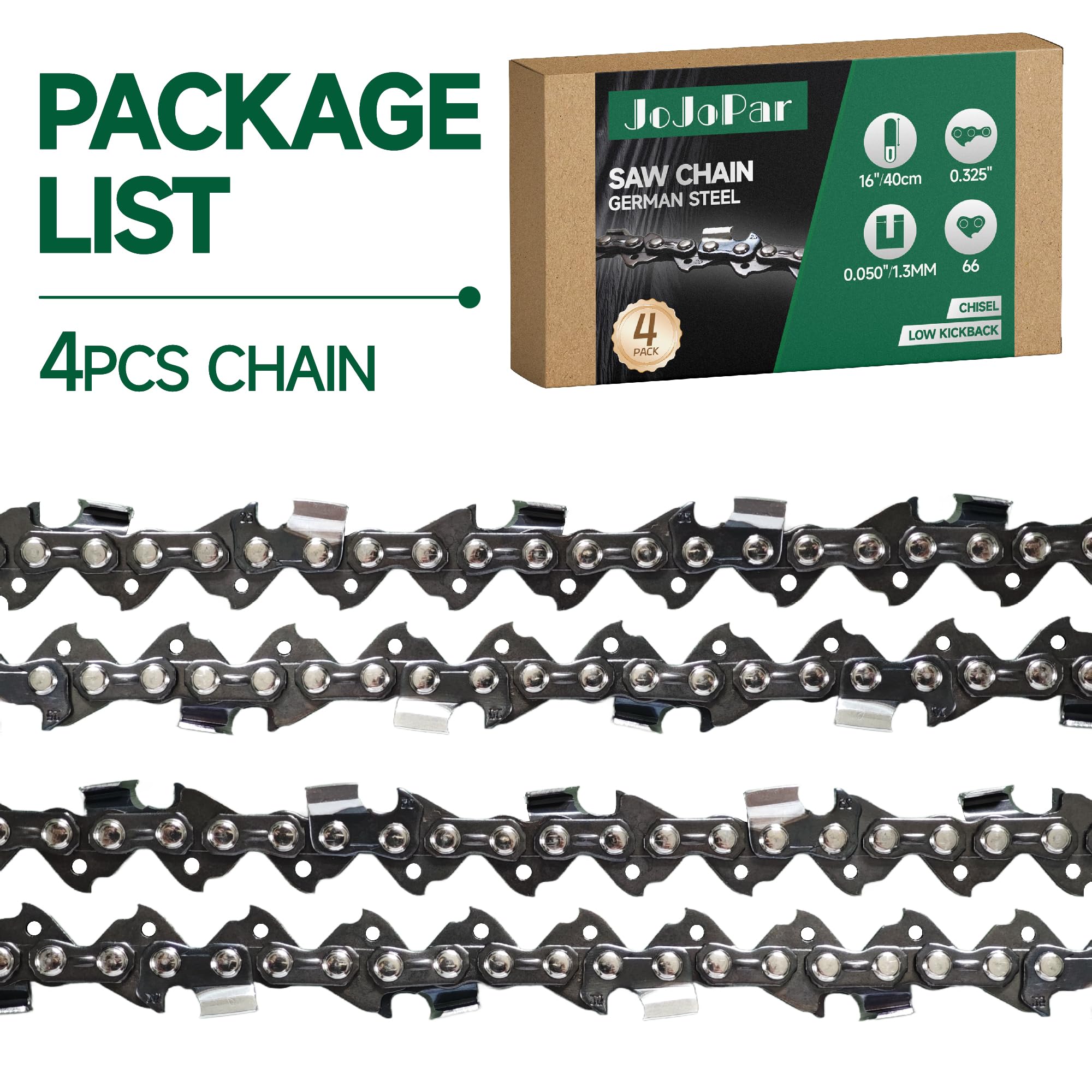 Paquete de 4 cadenas de motosierra de 16 pulgadas, paso de 0.325 pulgadas, calibre de 0.50 pulgadas, 66 eslabones de transmisión de 16 pulgadas, cadenas de sierra de retroceso bajo de repuesto