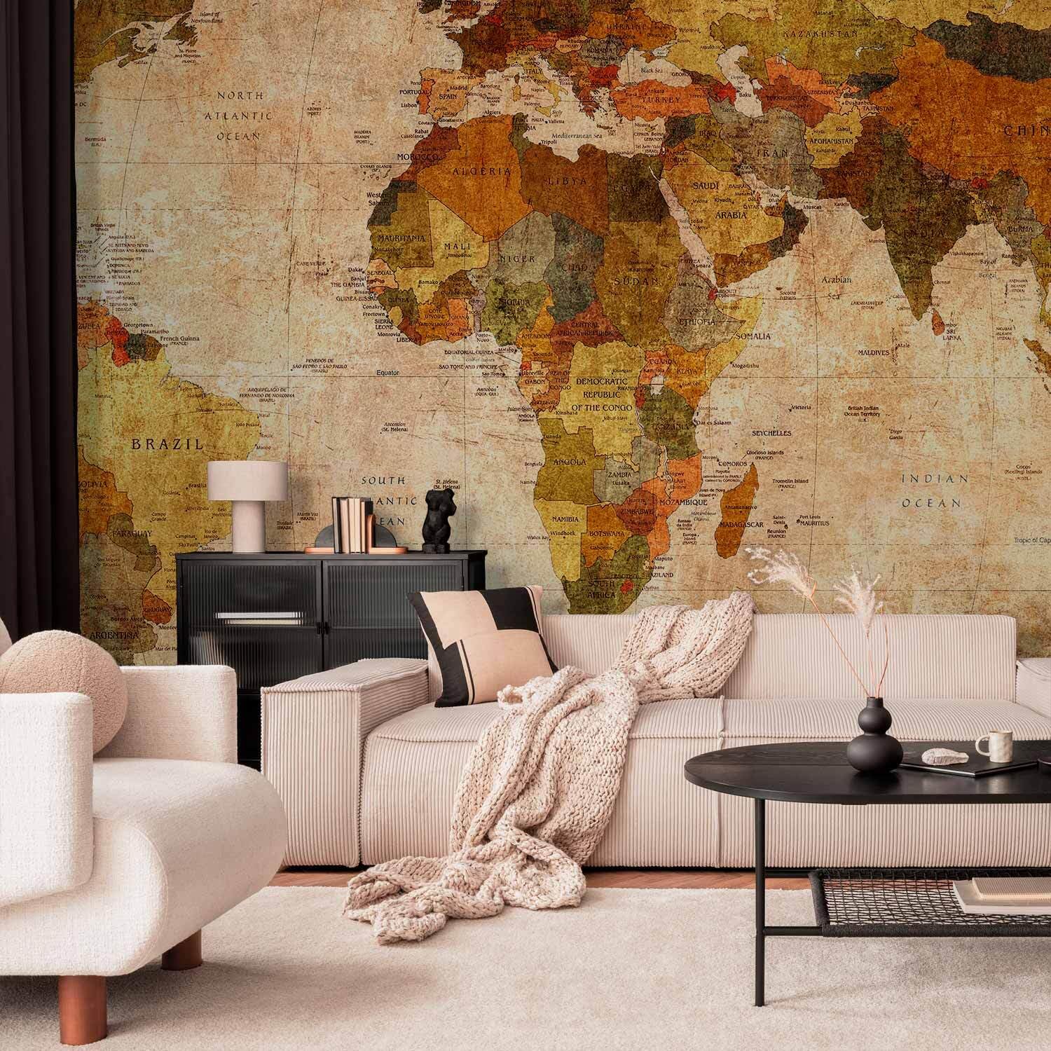 decomonkey Fototapete selbstklebend Weltkarte, 245x175 cm, Vintage Retro | Kontinente, Atlas, Landkarte, Selbstklebende, Tapeten, Wand, Fototapeten, Tapete, Wandtapete, klebend, Klebefolie