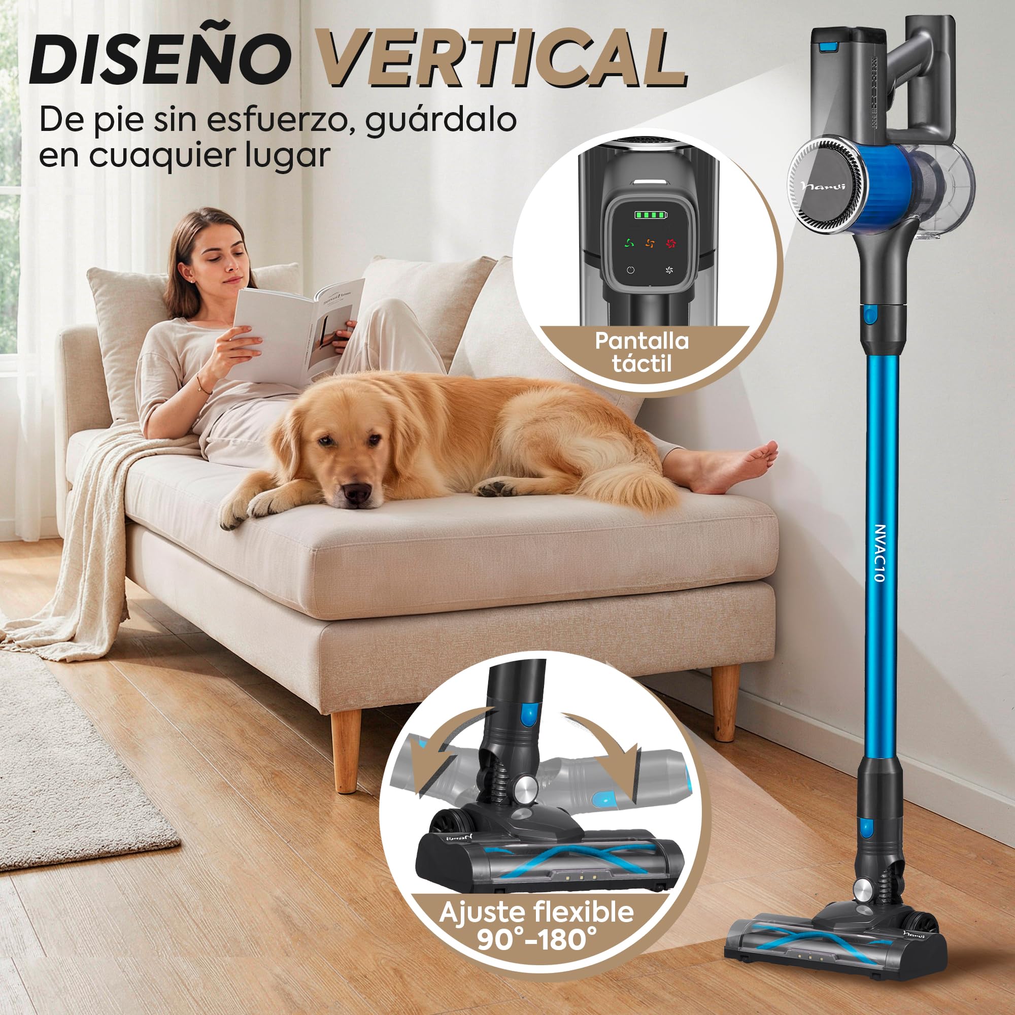 NARVI Aspiradora sin Cable 250W Aspiradora de Mano 20KPA | 6 en 1 Inalámbrica 40 min autonomía, batería extraíble, Cepillo entienredo, filtro HEPA, Ideal para Pelo de Mascotas y Hogar