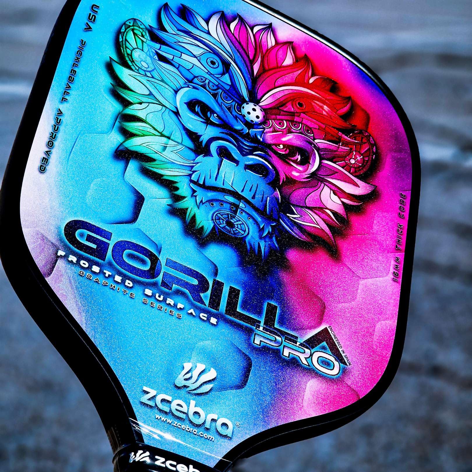 Pickleball Paddle Graphite - Raquette en Fibre de Carbone Noyau de 16 mm de Panneau d'abeille polypropylène Texture Frosted Rugosa - Set Housse néoprène - Gorilla Pro Rainbow
