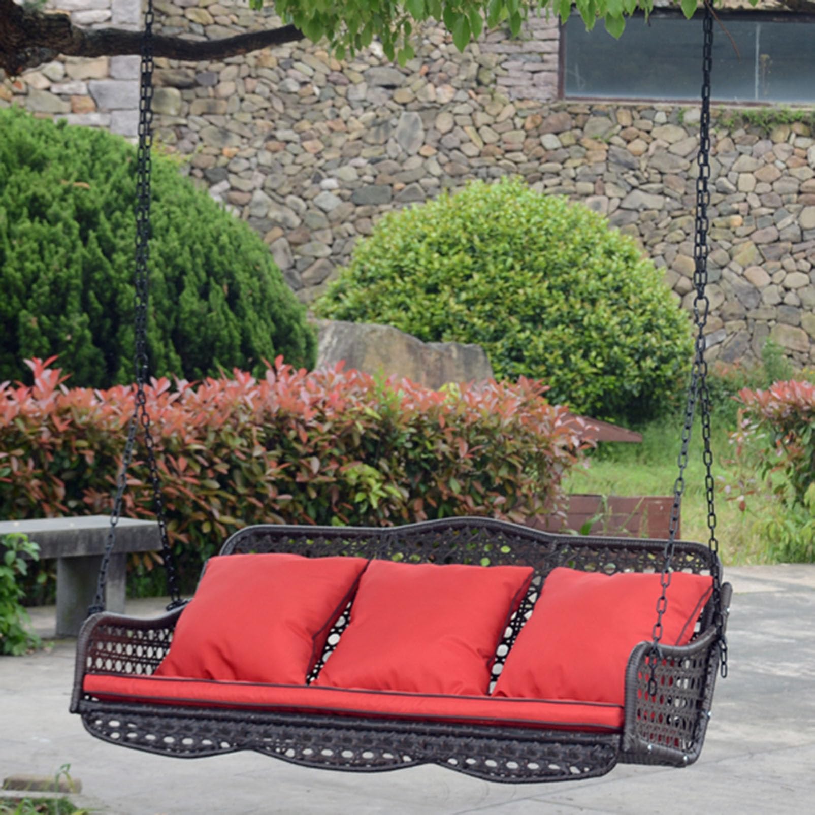 Dondolo sospeso con catene, sedia a dondolo in rattan per 2-3 persone con cuscini, altalena resistente per giardino, prato e terrazza