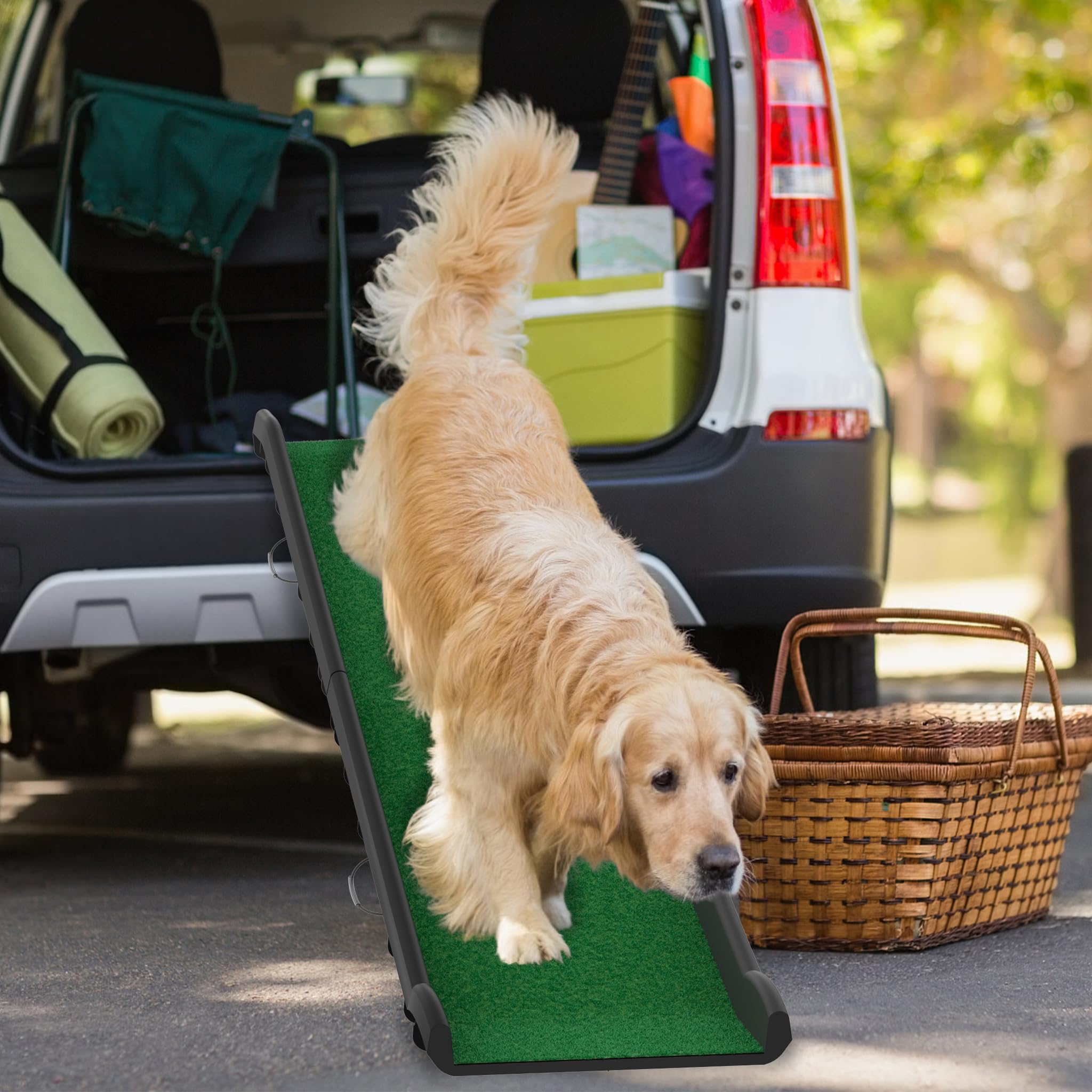 FIVMEN Rampe de voiture pliable pour chien - Antidérapant - Jusqu'à 90 kg - 156 x 40 cm - Pour SUV, grands petits animaux, avec pelouse