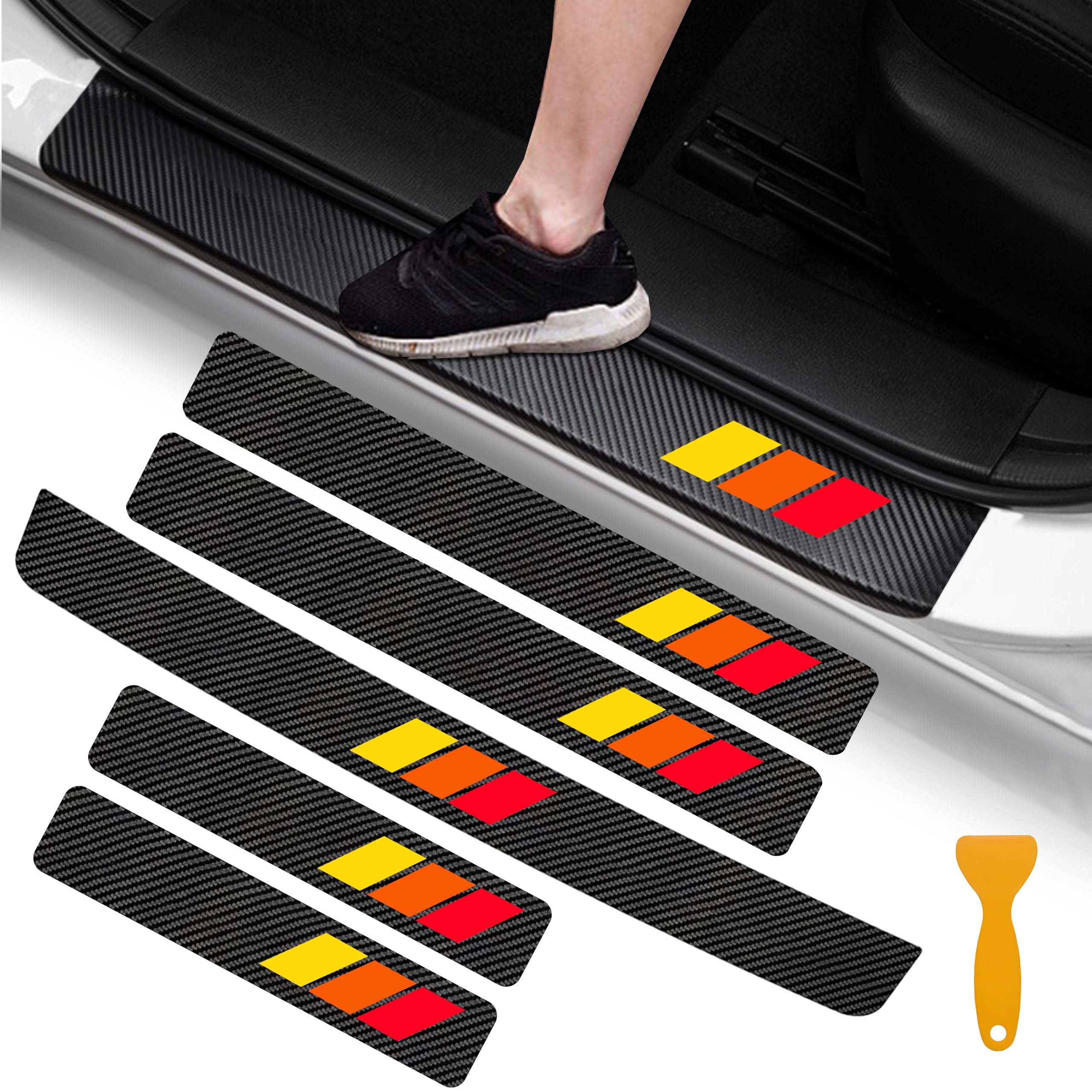 YOSRTER 5PCS Door Sill Guard Stickers Fit for Toyota Accessories Tacoma 4Runner Tundra TRD Rav4 Highlander Tri-Color Fiber Leather Door Sill Protector (Red/Orange/Yellow)