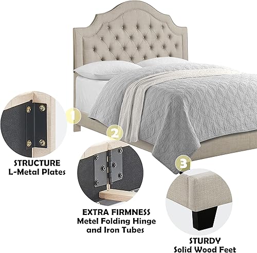 Miniatura 22 de Rosevera Jardin - Marco de cama con plataforma copetuda con botones, base de cama tapizada de tela con cabecera ajustable y soporte de listones de