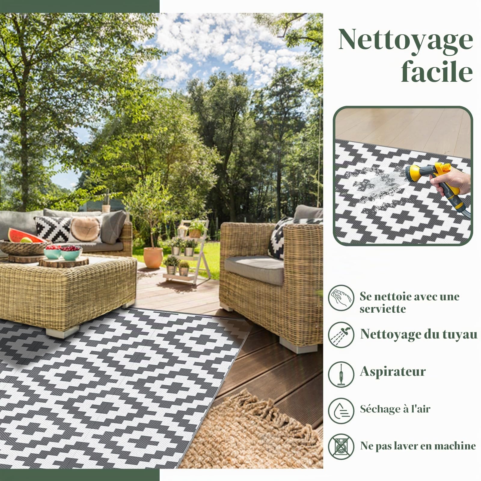 Mokani Tapis Exterieur Resistant Pluie, Tapis extérieur pour Patio, terrasse, Plage, Pique-Nique, arrière-Cour (150 x 240 cm, Gris & Blanc)