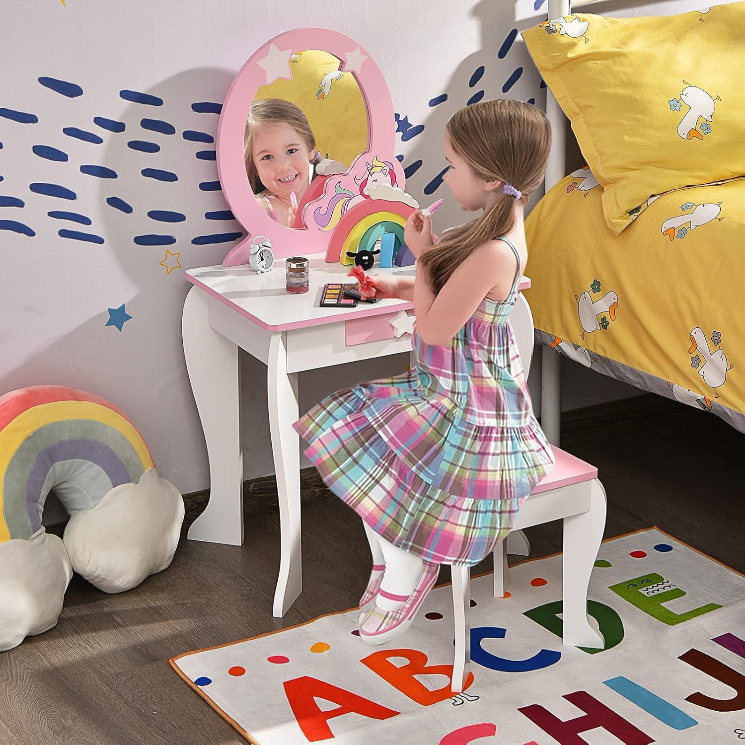 FANTASK Tocador Infantil con cajón y Espejo extraíble, tocador de Princesa con Taburete, tocador Rosa y Blanco para niñas de 3 a 7 años