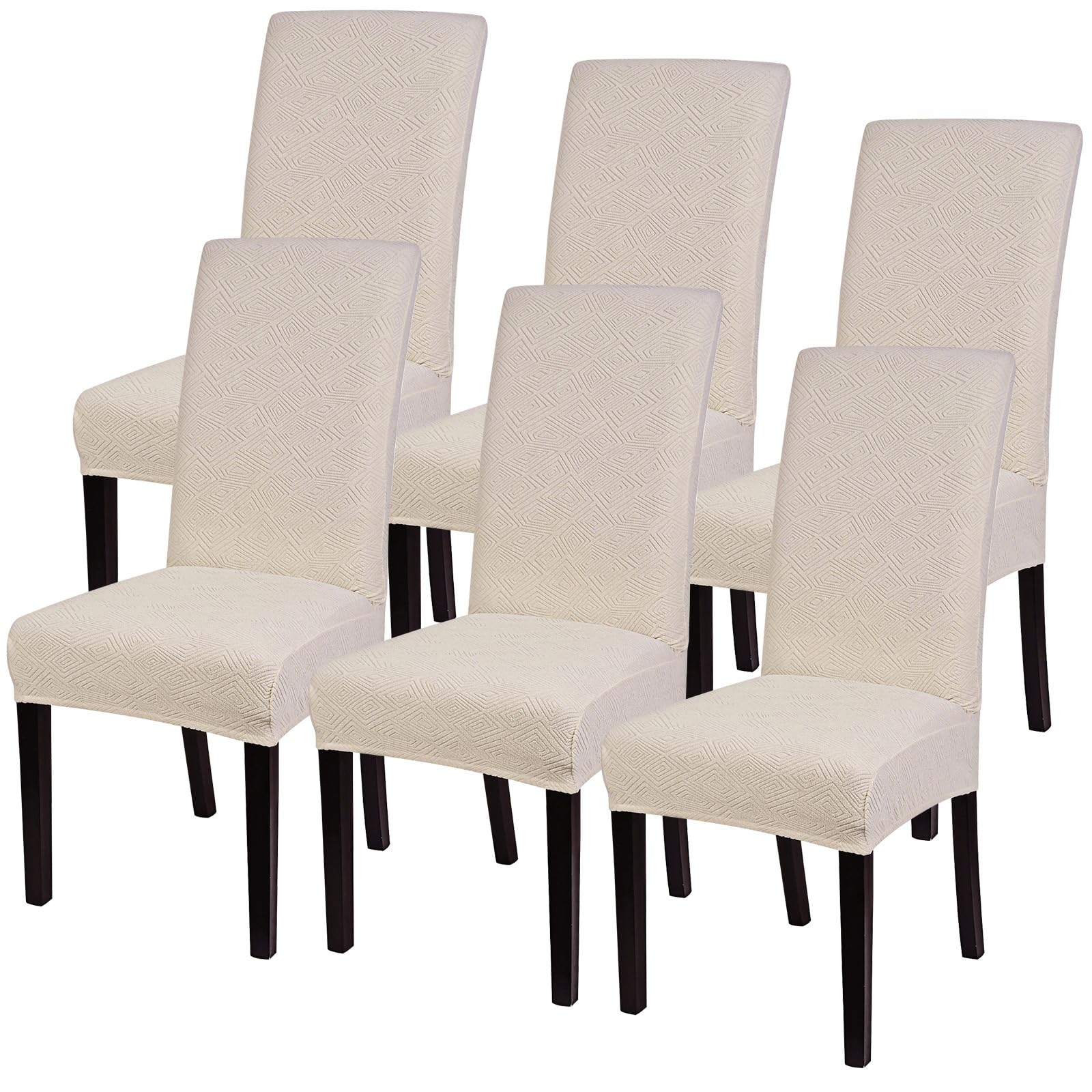 SearchI Jacquard Dining Room Chair Covers Set of 6, Stretch Kitchen Chair Covers Washable Parsons Chair Slipcover Removable Dining Chair Protectors for Hotel,Ceremony(Beige)