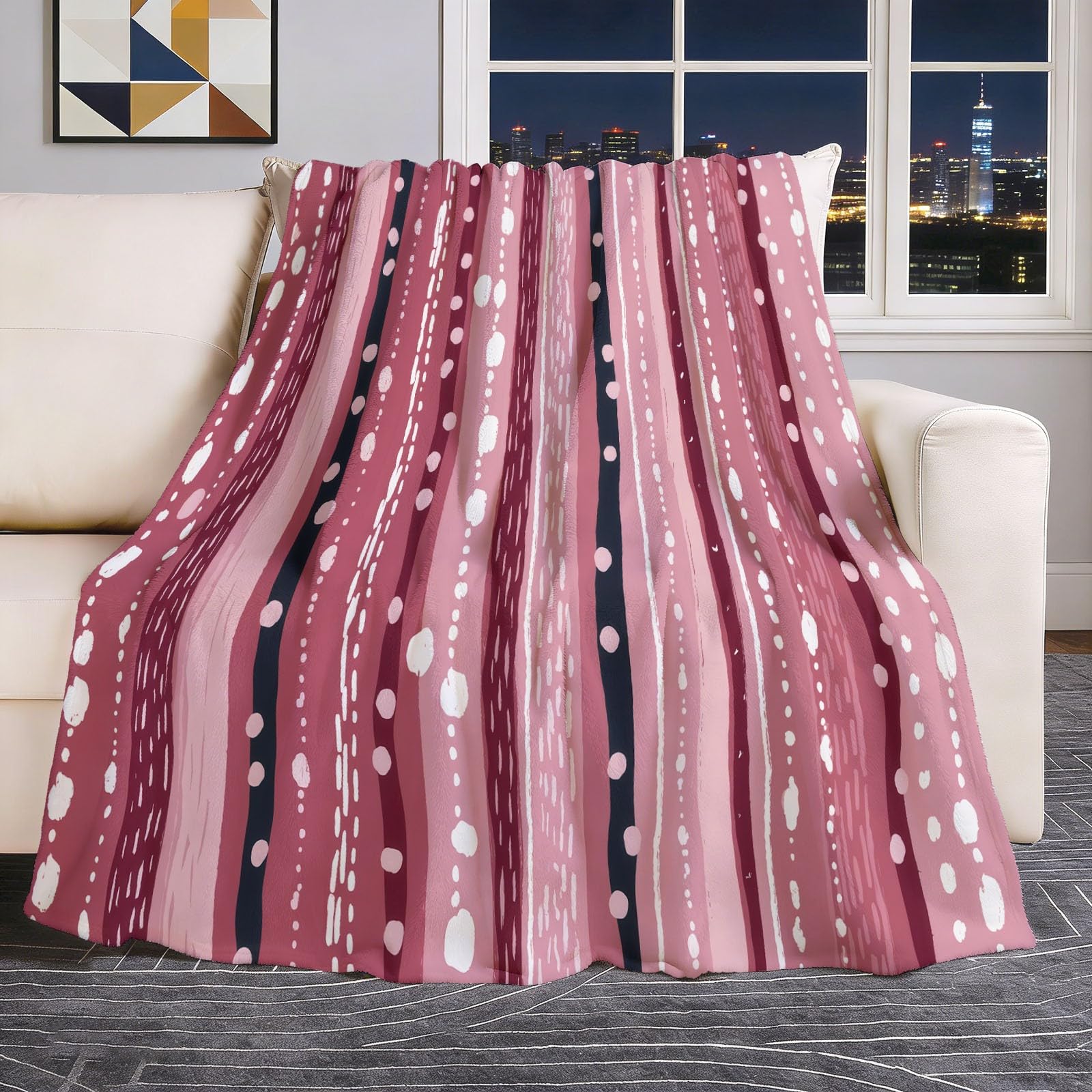 Couverture en flanelle 150x200 cm plaid polaire lignes et points colorés pour canapé