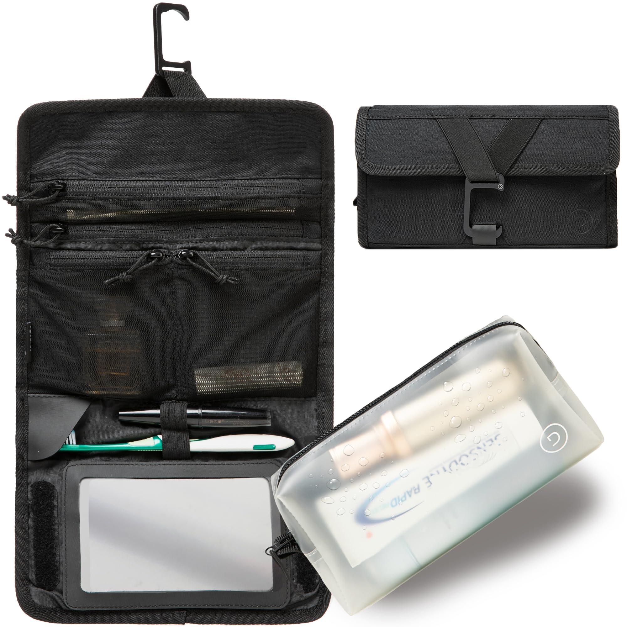 Travel Dude Kulturtasche Faltbar – kompakte Aufhängetasche mit Spiegel, TSA-Beutel, recyceltes Material