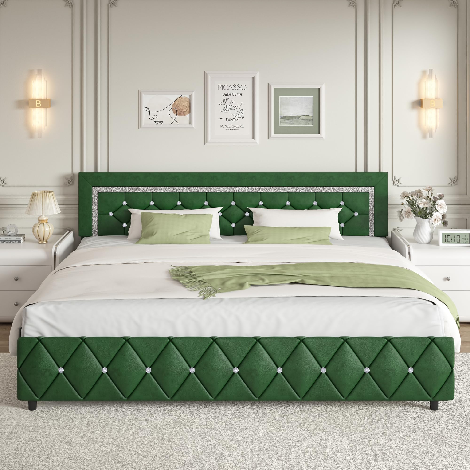 BarnFurin King Size Bed Frame with Headboard, Upholstered Bed with Diamond Tufted Design, Wooden Slats Support, No Box Spring Required, Easy Assembly,