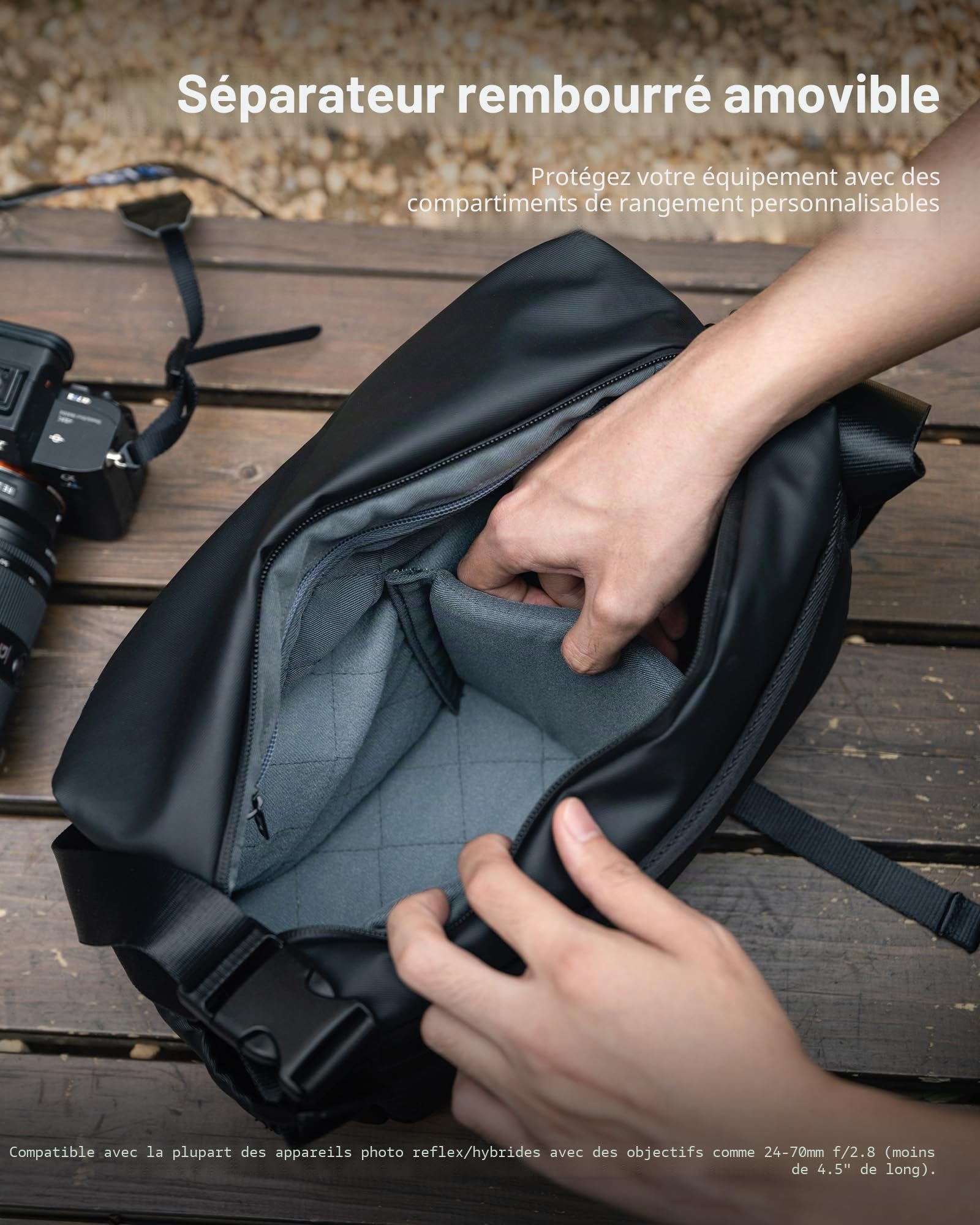 llano Sac à Dos pour appareils Photo DSLR/sans Miroir, Sac Photo Compact en bandoulière avec Sangle réglable pour Canon/Nikon/Sony Mirrorless, pour 1 Appareil Photo, 2 objectifs et Accessoires