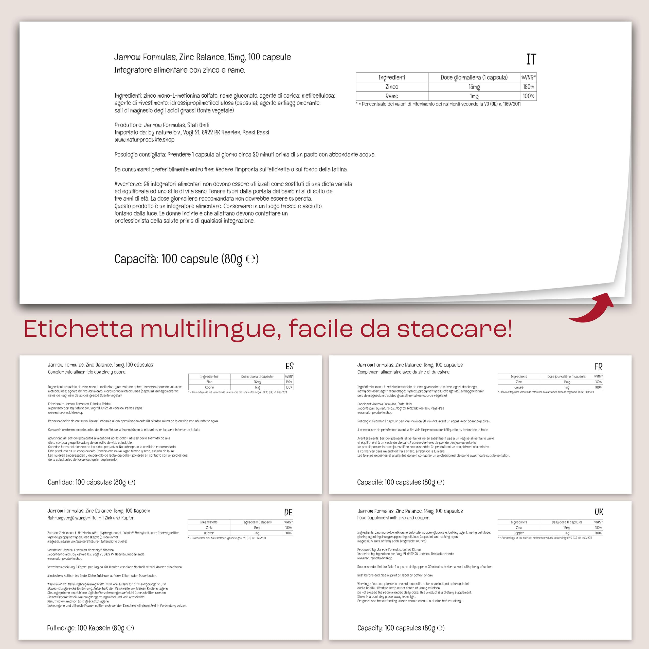 Jarrow Formulas, Zinc Balance, Zinco 15mg e Rame 1mg, 100 Capsule vegane, Testato in Laboratorio, Senza Glutine, Vegetariano, Senza Soia, Senza OGM