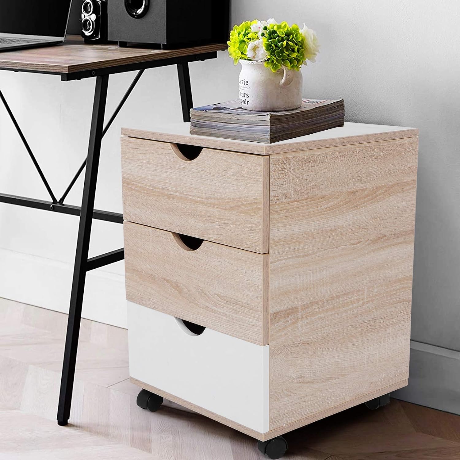 Wooden Bedside Table on Rolling Wheels, Movable Nightstand Sofa Side Table Multifunctional Modern End Table with 3 Drawers for Home Living Room Bedroom Study Room Household, 15.7 x 15.7 x 22.4in