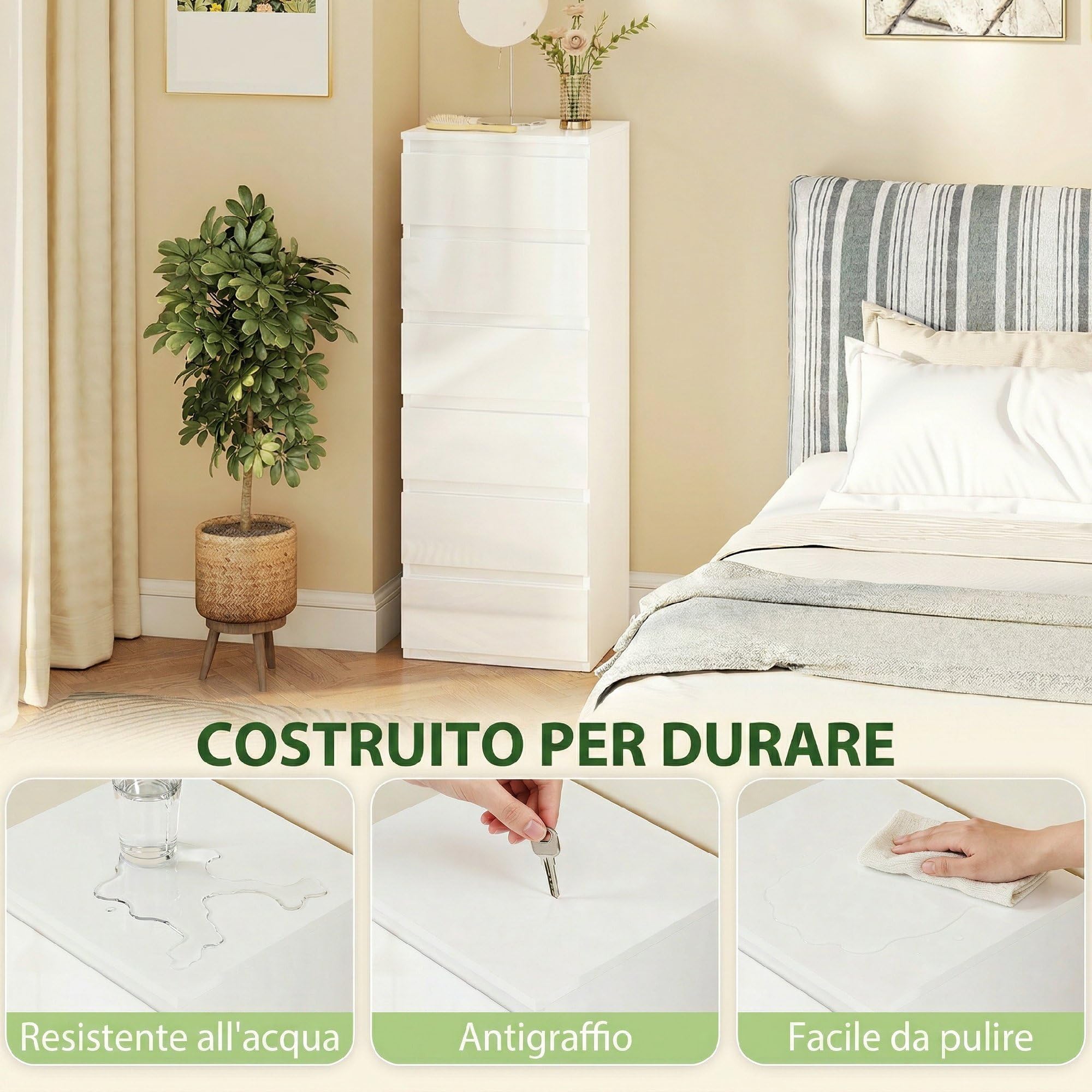 HOMCOM Cassettiera Camera da Letto Slim Alta con 6 Cassetti, Comò Camera da Letto Senza Maniglie, Cassettiera Salvaspazio per Soggiorno Corridoio Ingresso, 40x35x109 cm, Bianco Lucido