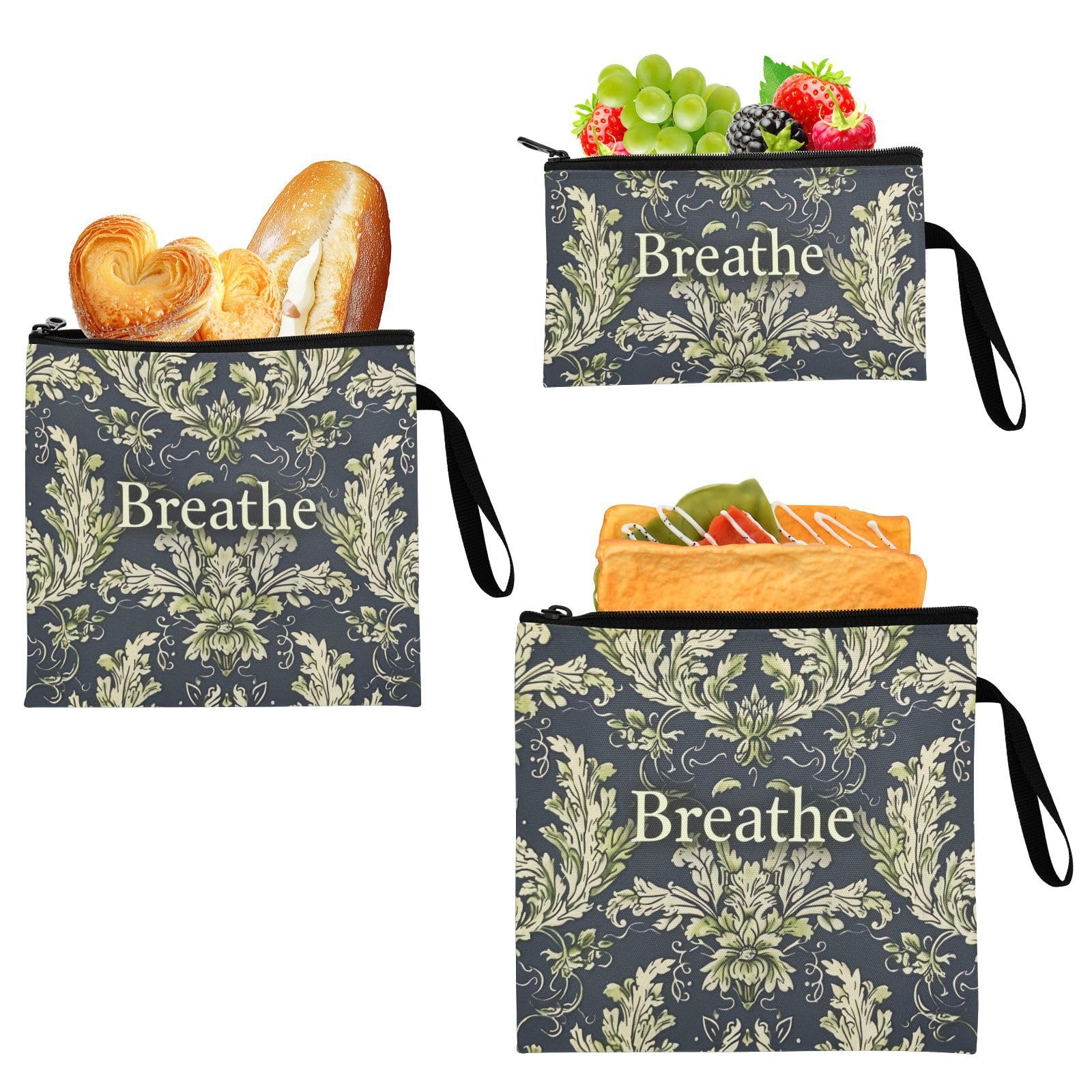 William Morris Style Text Breathe Lime 3 pack Reusable kids snack bags Portable Food bags for Candy, fruits, Cereal, Home Organization