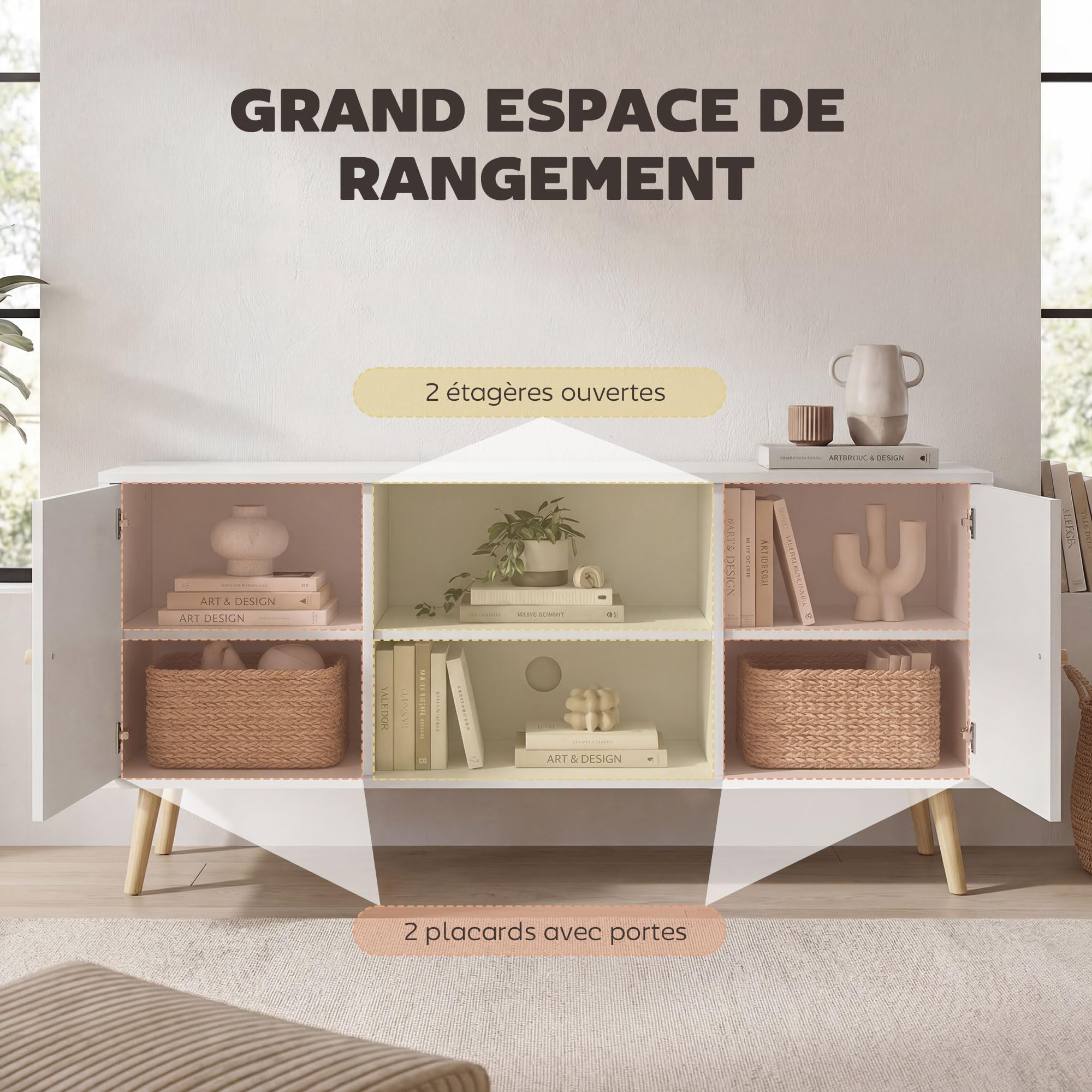 HOMCOM Meuble TV 120 cm, Meuble télé pour téléviseur jusqu'à 55 Pouces avec 2 placards et 2 étagères Ouvertes, Banc TV Moderne pour Salon, Chambre à Coucher, Blanc