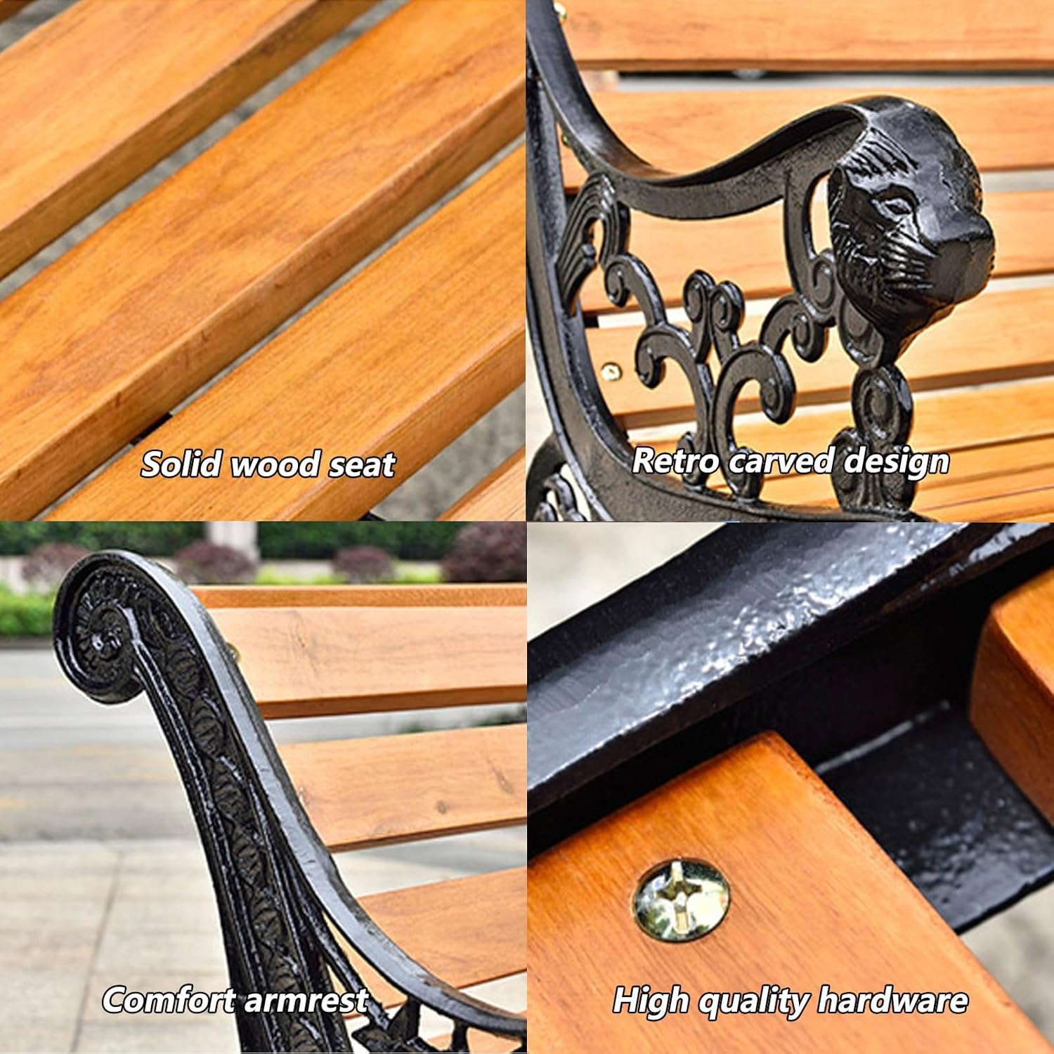 Metal Garden Bench - Cast Iron & Wood Outdoor Park Bench with Backrest & Armrests, Comfortable Slatted Natural Wood Seat for Patio, Garden, Indoor Use (C, 49"x22.8"x30.7")