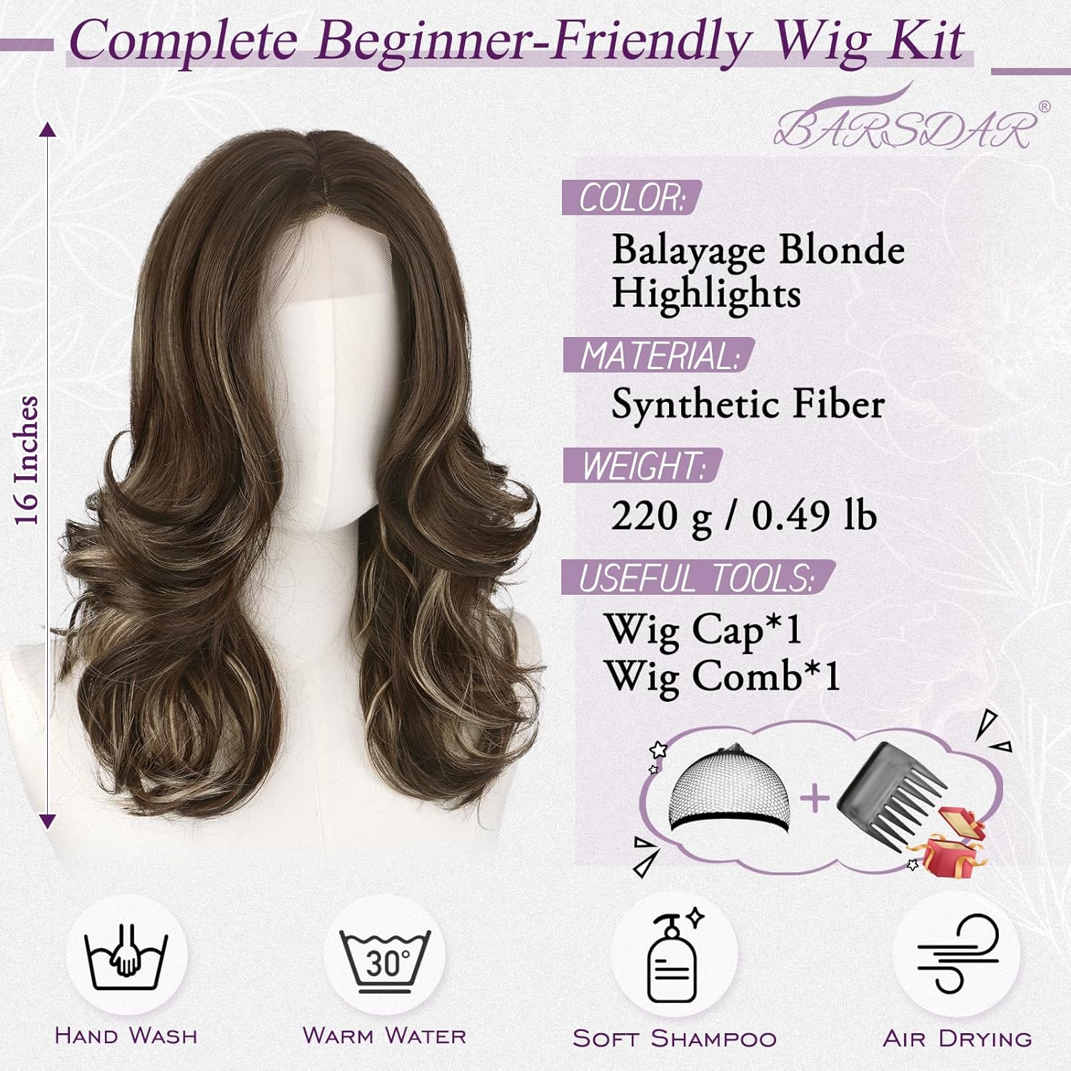 BARSDAR Short Wavy Highlight Wig - Shoulder Length Wavy Brown Blonde Wigs for Women - Short Layered Wig with Curtain Bangs Soft Synthetic Natural Looking Daily, Balayage Blonde Highlights 16 Inch Balayage Blonde Highlights