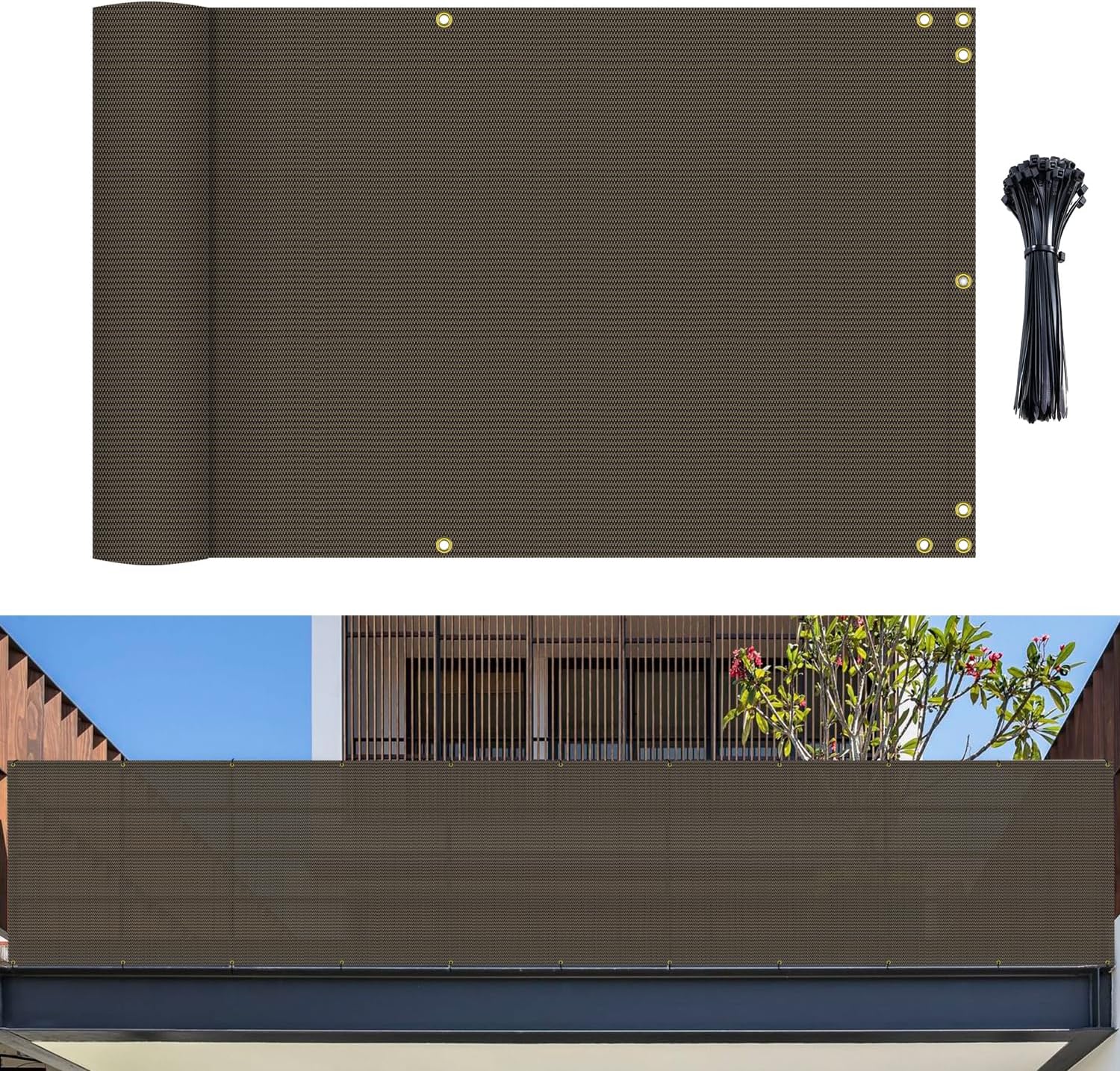 2.5' x 9' Brown Balcony Privacy Screen Apartment Deck Railing, Mesh Fencing Cover Lattice Panels for Outside, UV Block Shade Cloth with Grommets for Patio Backyard Porch