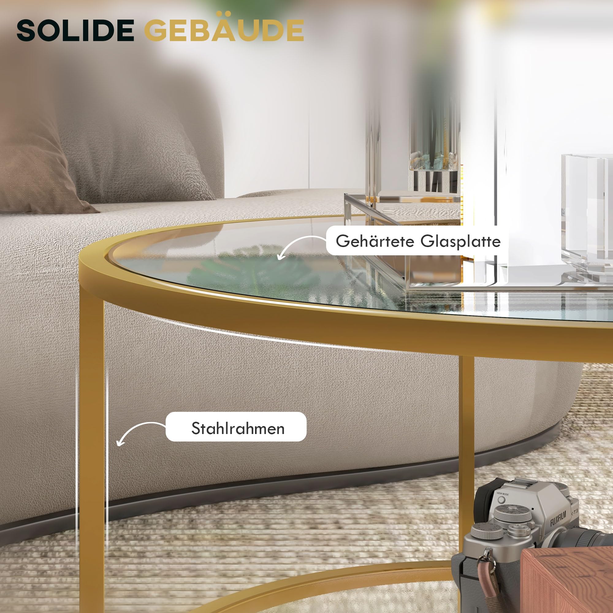 HOMCOM Beistelltisch Rund Couchtisch mit Ablage Ø60 x 43 cm Gold