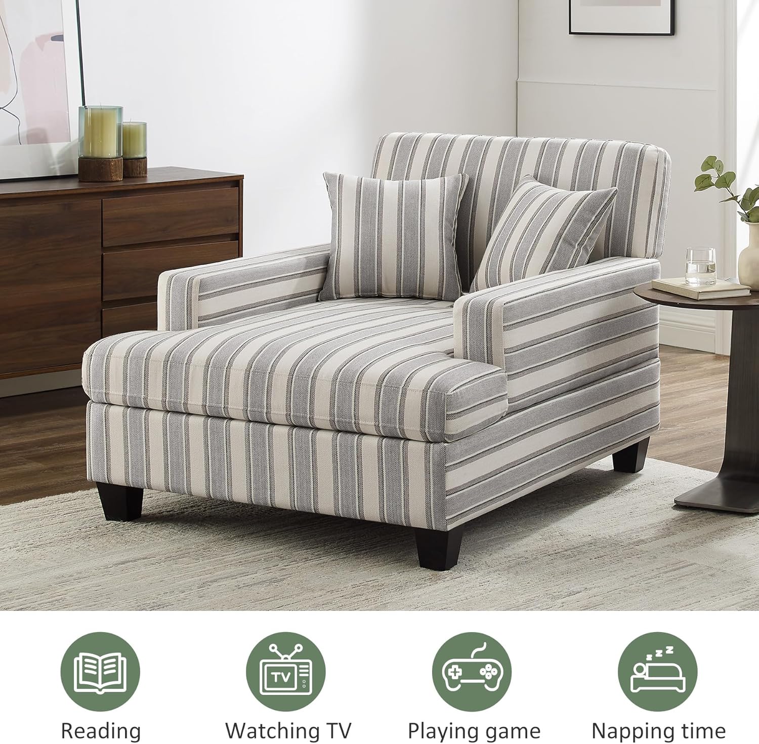 VANOMi Chaise Lounge Chair 47", Recliner Sleeper Sofa with Adjustable Backrest & Pillows, Oversized Upholstered Single Sofa Bed for Adults, Lounge Chair for Living Room, Bedroom, Office(Grey Stripe)