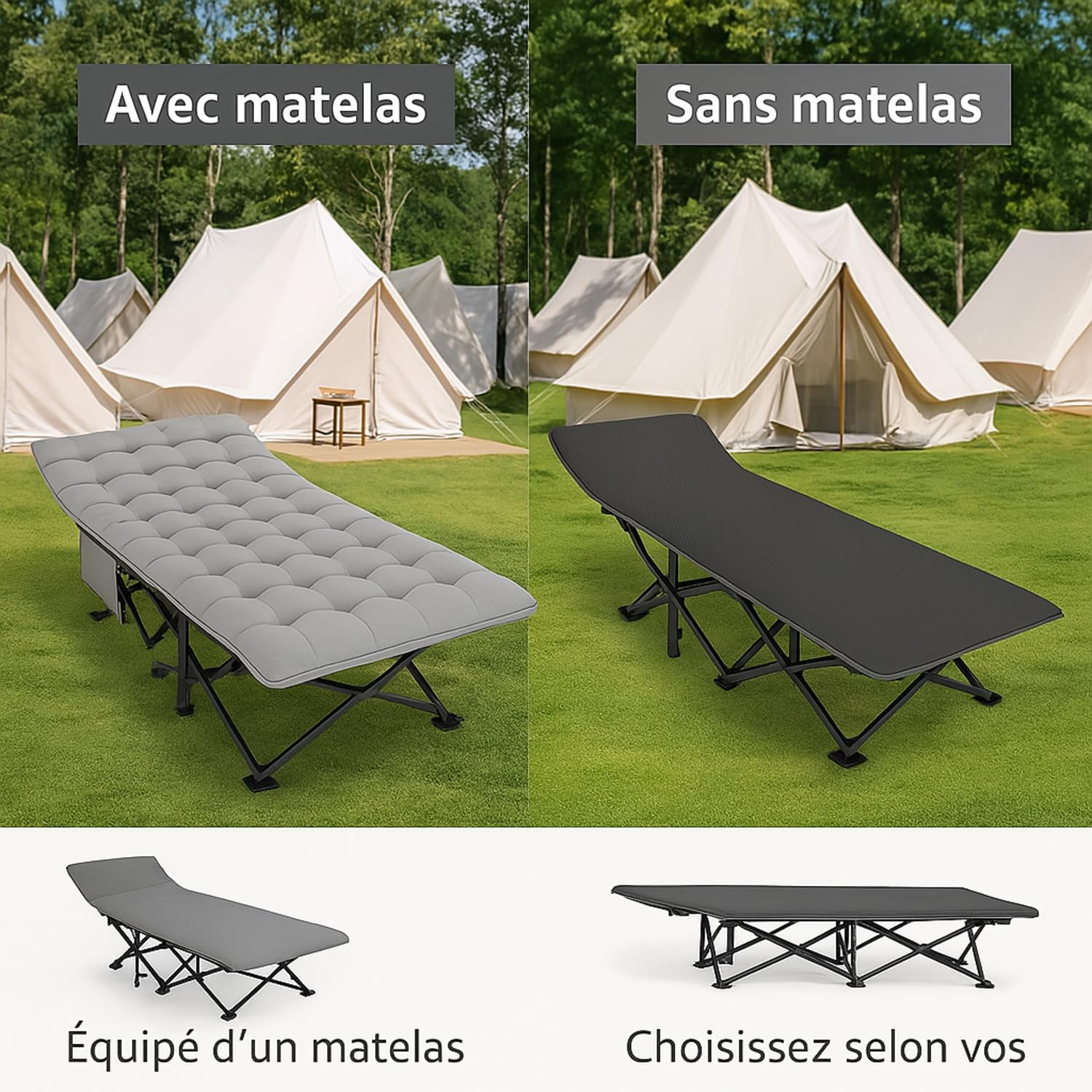 LPVS Lit de Camp Pliable 1 Personne - Pliant Robuste et Matelas avec 60% de Coton en Plus - Lit d’Appoint pour Camping, Bureau, Voyage - Charge 200 kg - Facile à Déplier