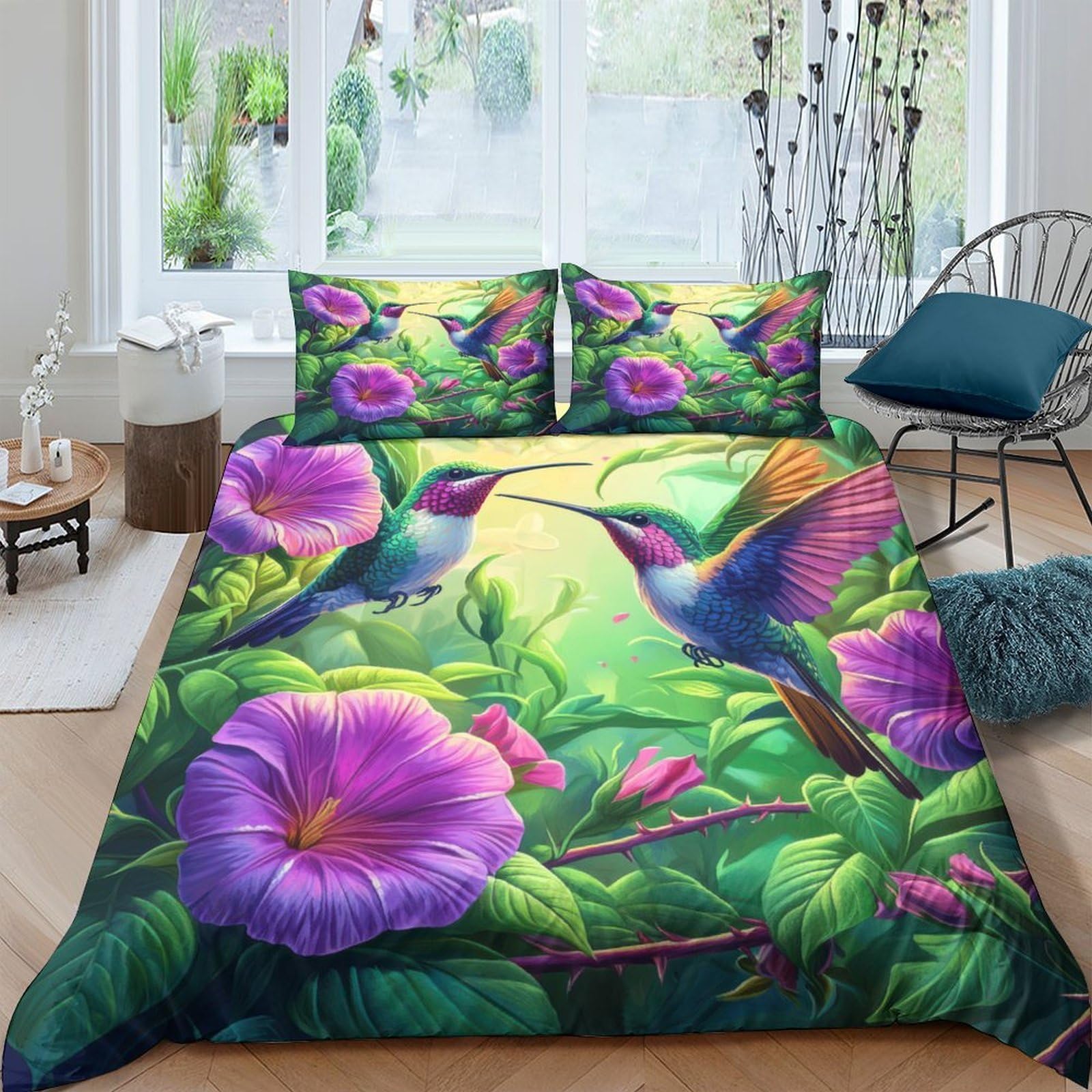 Ctjqhvkz Style-6 3D Printed Hummingbird Flowers Fitted Sheet Microfiber Soft Mattress Cover Bedroom Decor Washable Single（135X200cm）