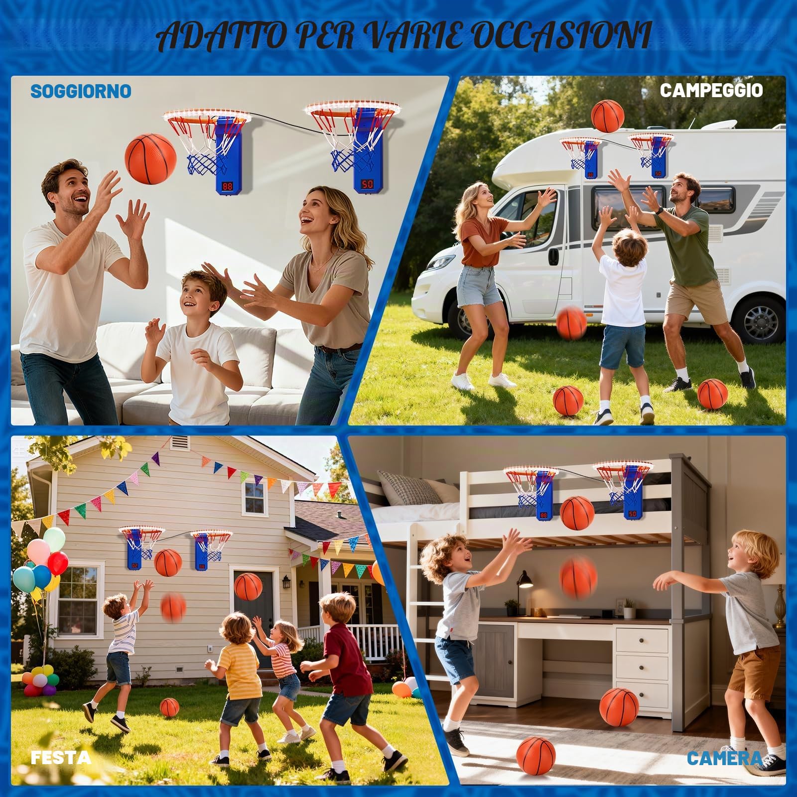 TERRAMUS Mini Canestro da Basket, Set da 2 Canestri da Basket con Pannello di Visualizzazione Elettronico, Canestro da Basket Regolabile in Altezza per Bambini, 4 Palle, 1 Pompa ad Aria, Regalo per
