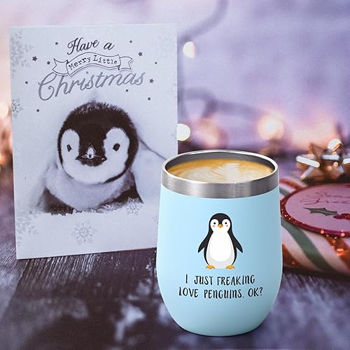 Miniatura 3 de Regalos de pingüinos, regalos de cumpleaños de Navidad para mamá, hermana, hija, vaso de vino de 12 onzas con texto en inglés "I Just Freaking Love