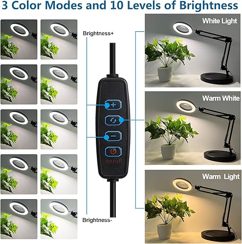 Miniatura 18 de HITTI Lupa 10X con luz y soporte, atenuación continua, 3 modos de color, lupa LED, vidrio iluminado, lámpara de escritorio manos libres con Negro